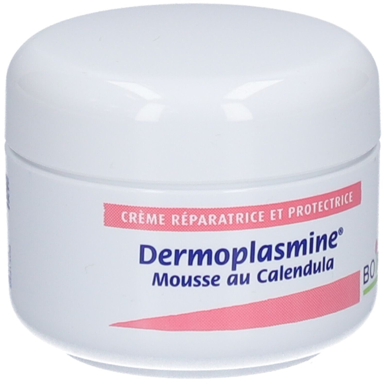 Pot blanc avec étiquette rose. Texte: Dermoplasmine® Mousse au Calendula. Marque Boiron.