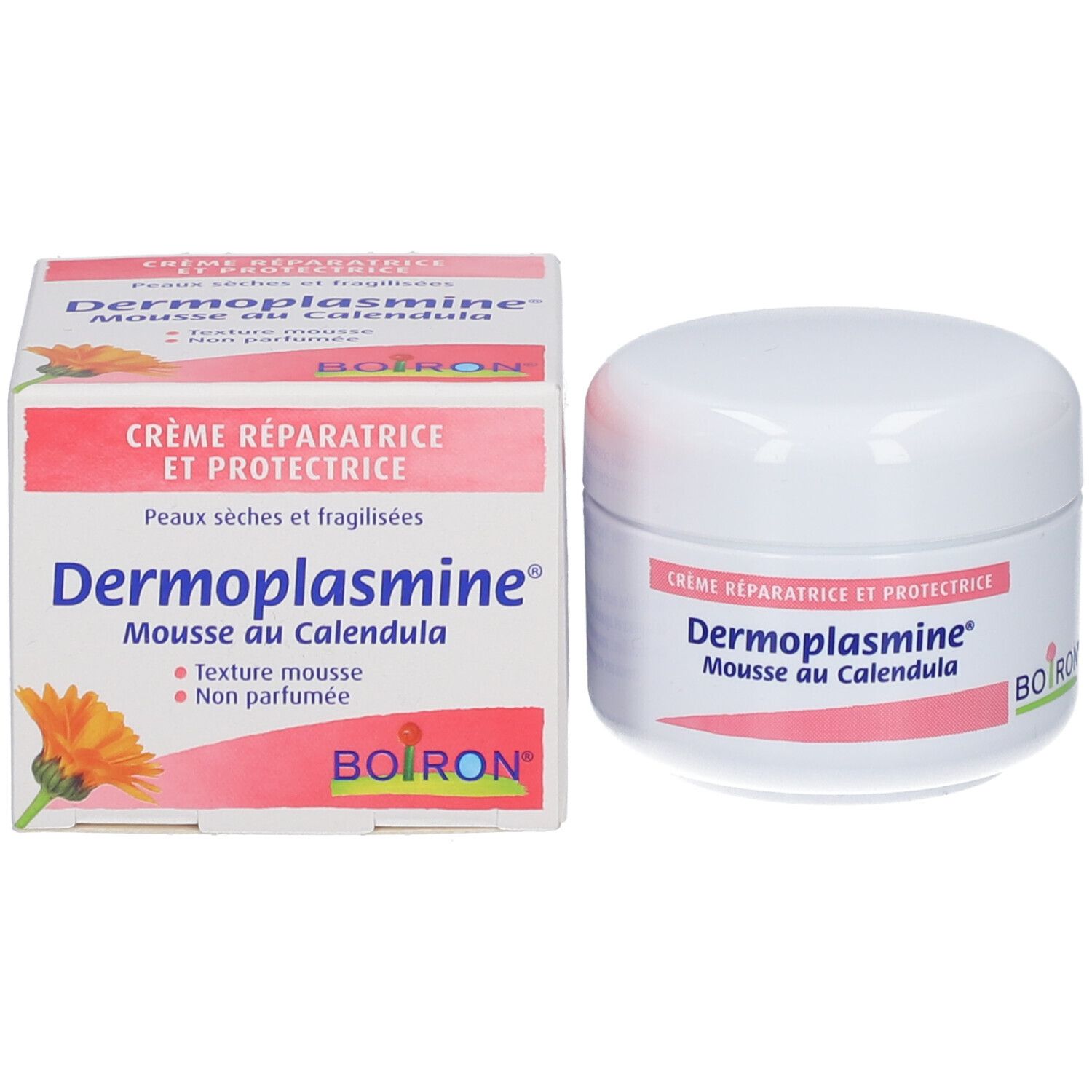 Produit et emballage. Pot et boîte avec texte: Dermoplasmine® Mousse au Calendula. Marque Boiron.