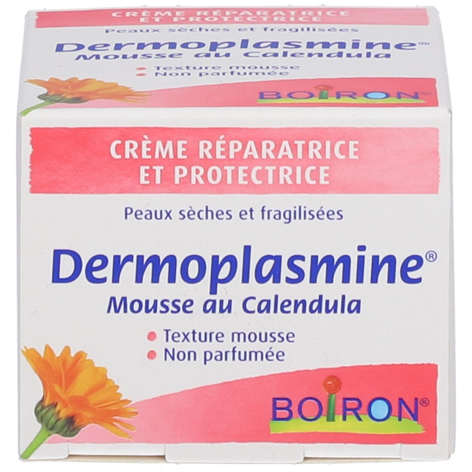 Boîte avec texte: Dermoplasmine® Mousse au Calendula. Marque Boiron. Pour peaux sèches et fragiles.