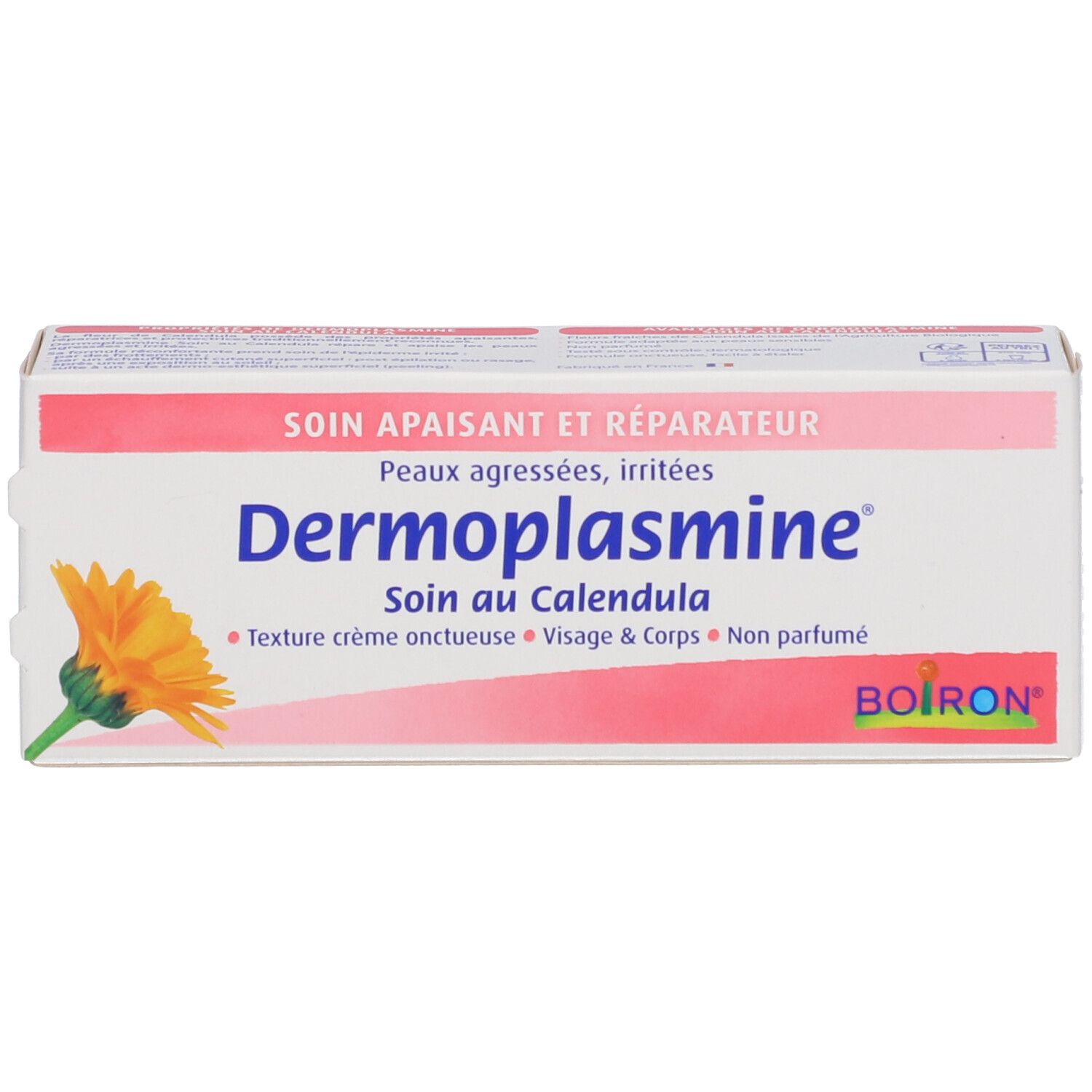 Boîte de Dermoplasmine® au Calendula. Texte: Soin apaisant et réparateur. Pour peaux agressées. Marque Boiron.