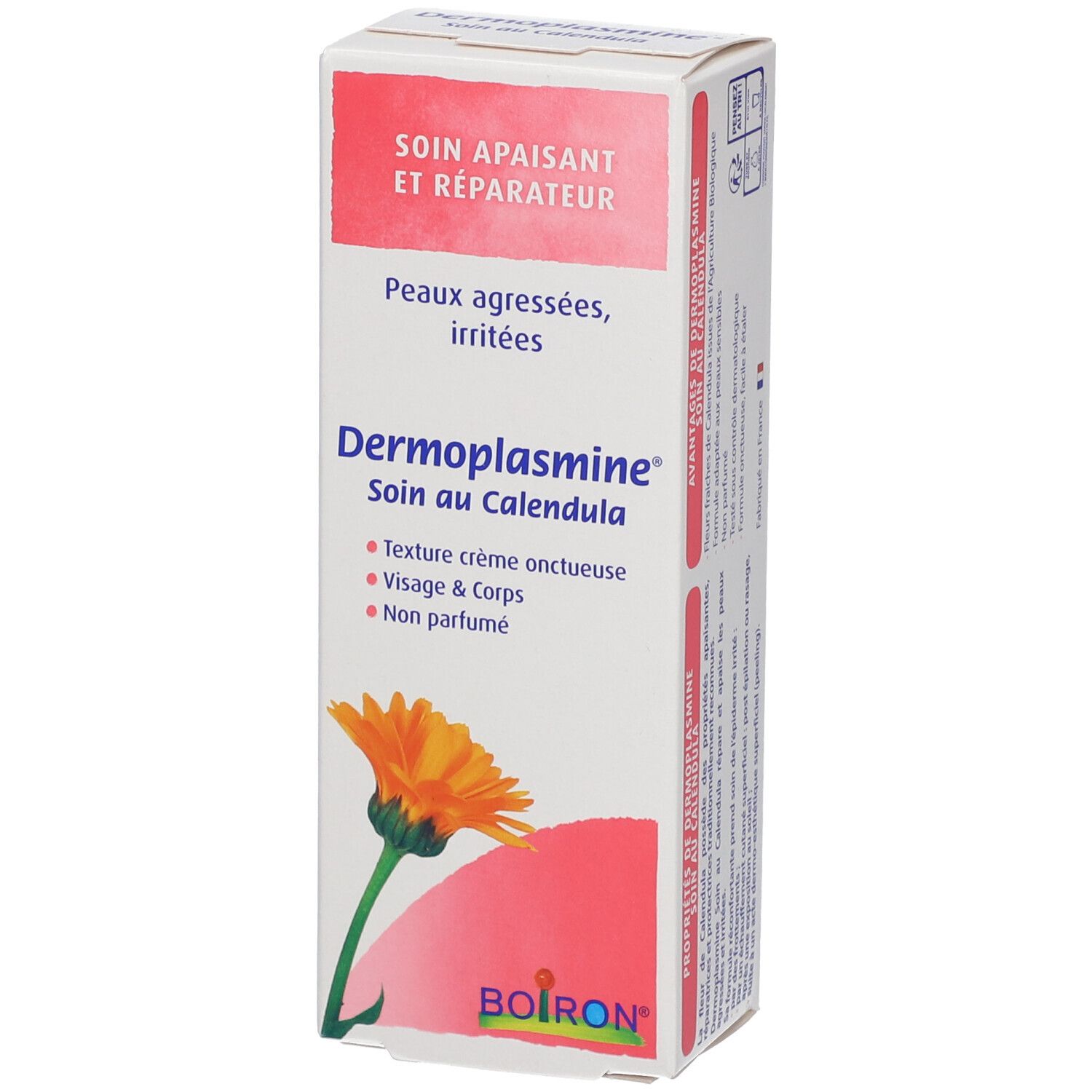 Boîte de Dermoplasmine® au Calendula. Texte: Soin apaisant et réparateur. Pour peaux agressées. Marque Boiron.