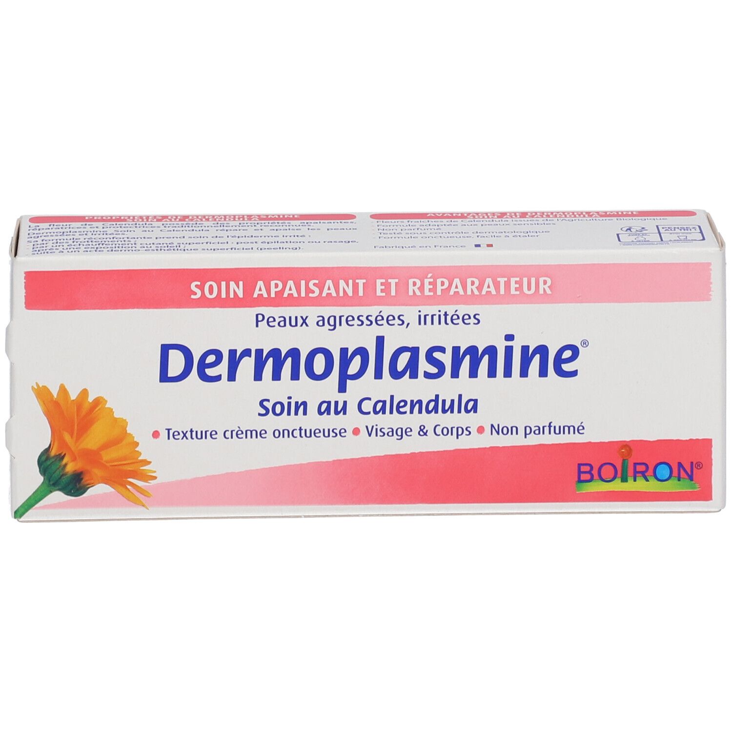 Boîte de Dermoplasmine® au Calendula. Texte: Soin apaisant et réparateur. Pour peaux agressées. Marque Boiron.