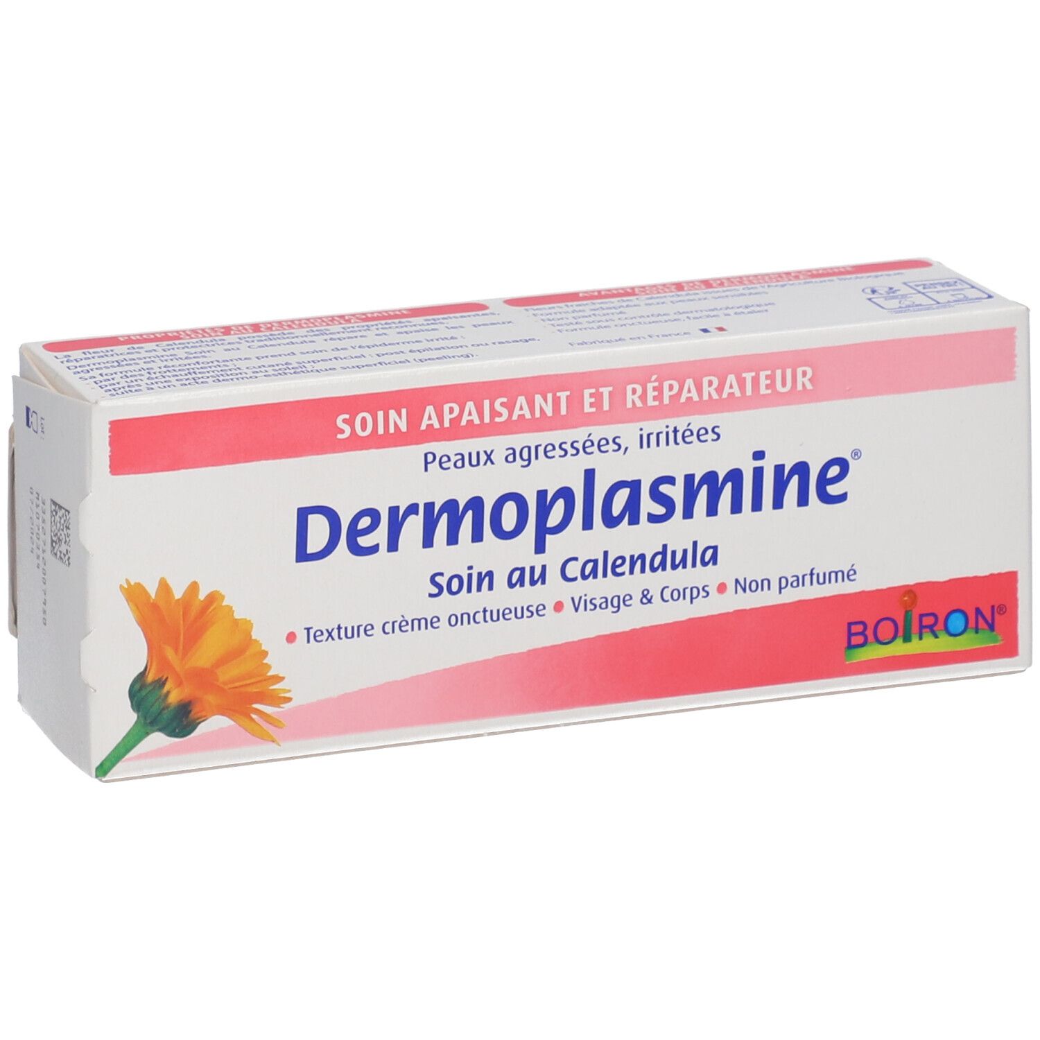 Boîte de Dermoplasmine® au Calendula. Texte: Soin apaisant et réparateur. Pour peaux agressées. Marque Boiron.
