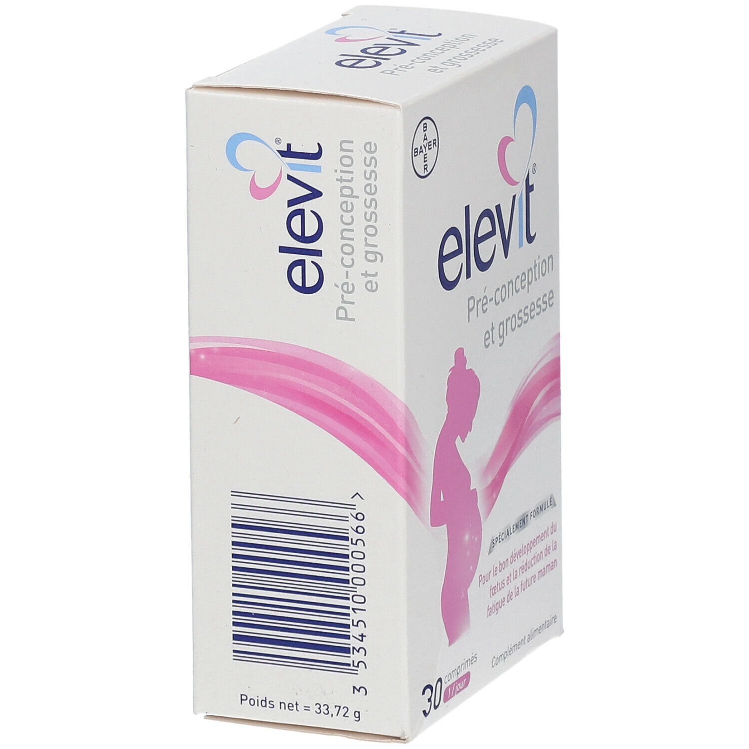 Boîte elevit® Pré-conception et grossesse. 30 comprimés. Logo Bayer. Silhouette rose femme enceinte. Code-barres.