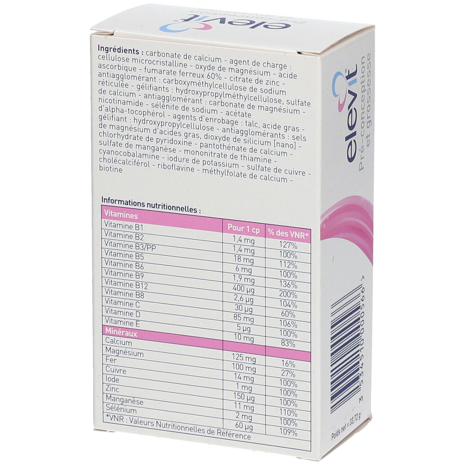 Dos de la boîte elevit® Pré-conception et grossesse. Ingrédients et informations nutritionnelles. Texte en français.