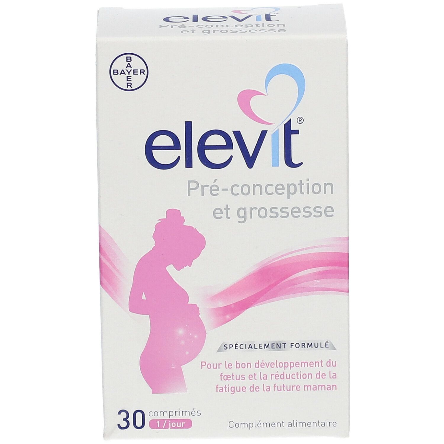 Boîte d'elevit® Pré-conception et grossesse. 30 comprimés. Logo Bayer. Silhouette rose d'une femme enceinte.