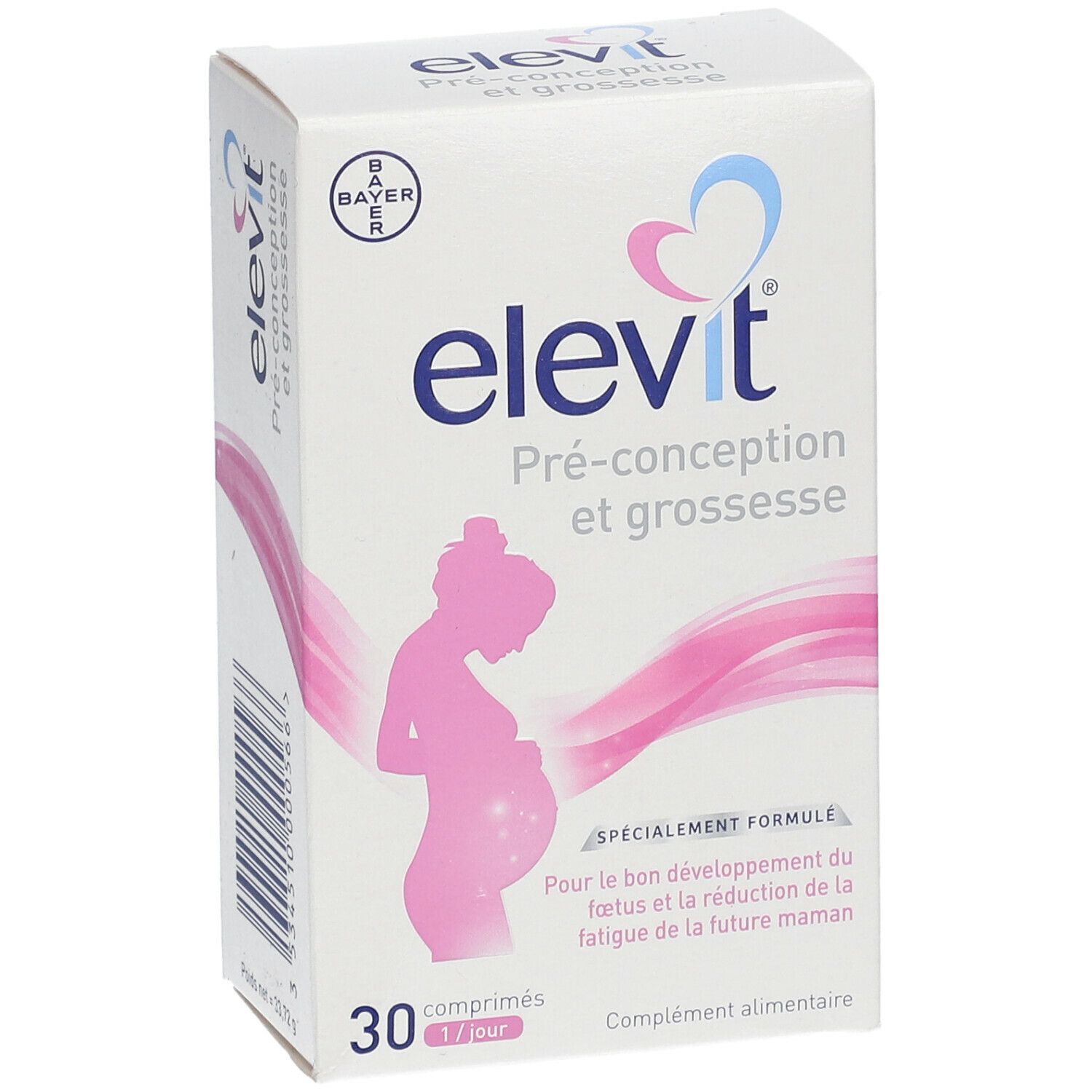 Boîte elevit® Pré-conception et grossesse. 30 comprimés. Logo Bayer. Silhouette rose femme enceinte.