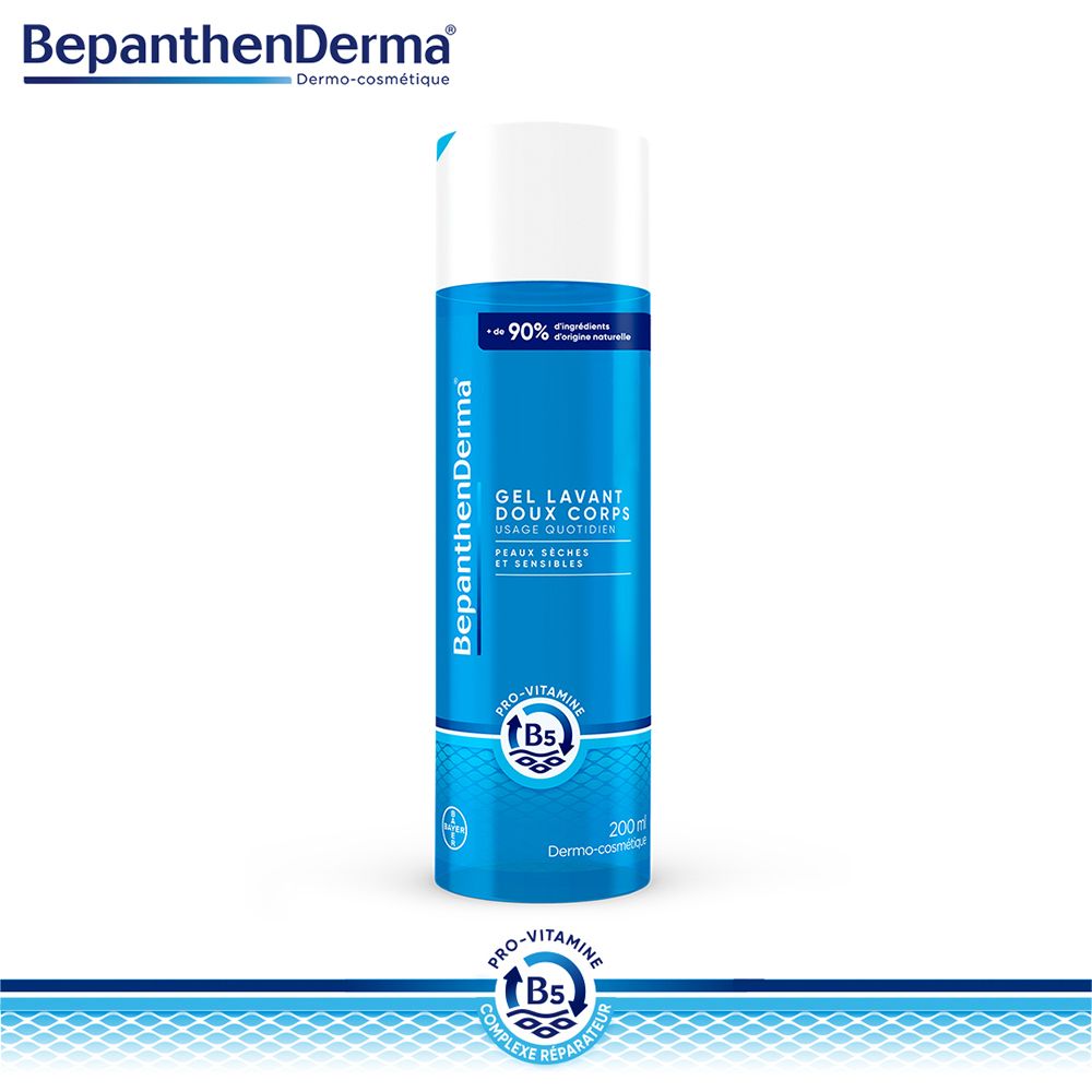Blau-weiße Flasche BepanthenDerma® Mildes Waschgel. Text: Gel Lavant Doux Corps. Für trockene, empfindliche Haut. 200 ml.