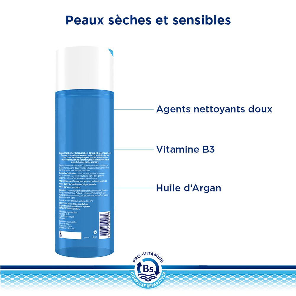 Rückseite der Flasche. Text: Sanfte Reinigungsmittel, Vitamin B3, Arganöl. Für trockene, empfindliche Haut.