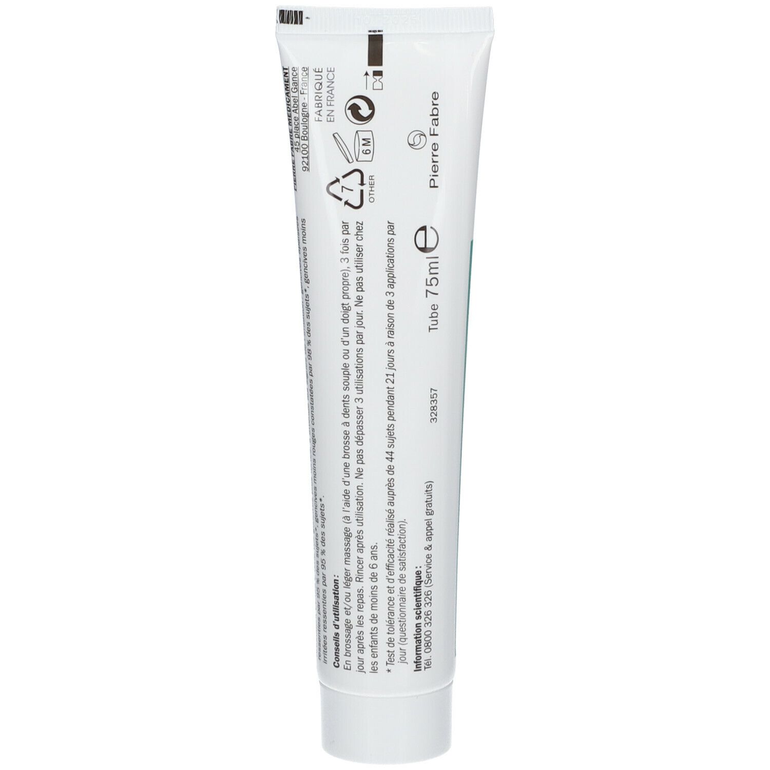 Dos du tube de dentifrice. Informations et symboles. Pierre Fabre. Tube 75ml.