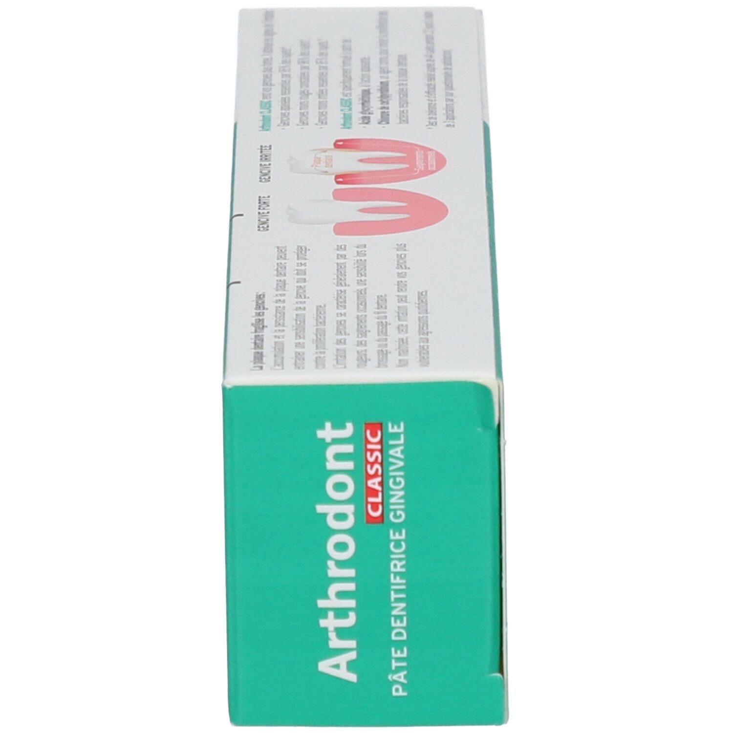 Vue latérale de la boîte de dentifrice. Inscription: Arthro dont CLASSIC, PÂTE DENTIFRICE GINGIVALE.
