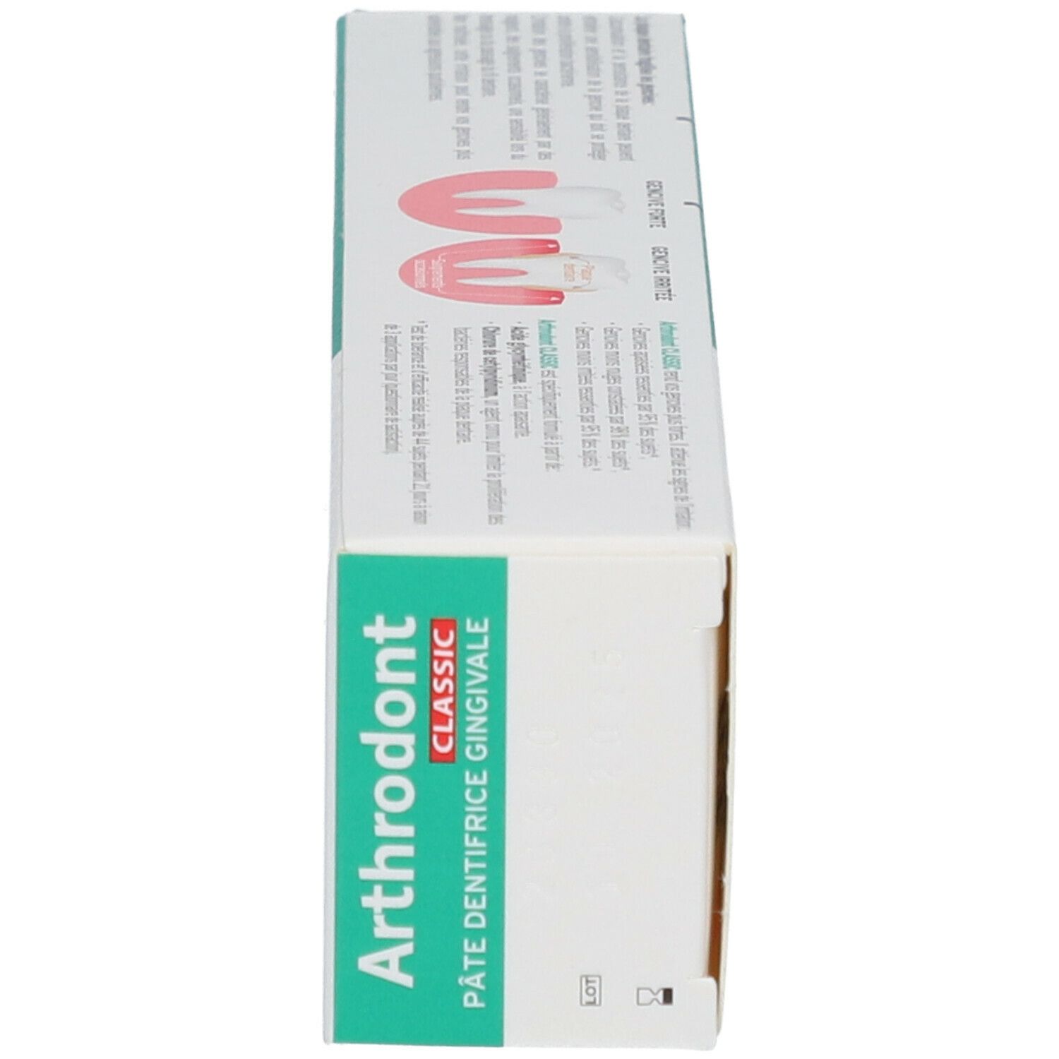 Vue latérale de la boîte de dentifrice. Inscription: Arthro dont CLASSIC, PÂTE DENTIFRICE GINGIVALE.