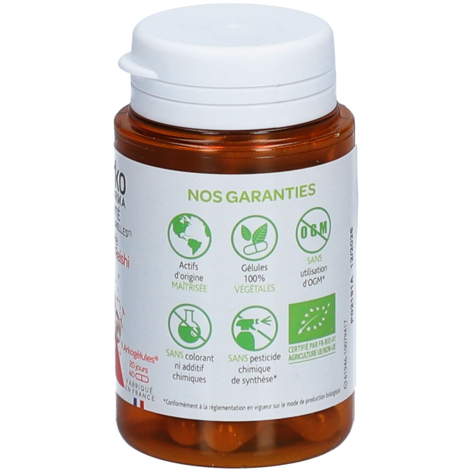 Dos du flacon de gélules. Logos de garanties : bio, gélules végétales, sans OGM, sans additifs.