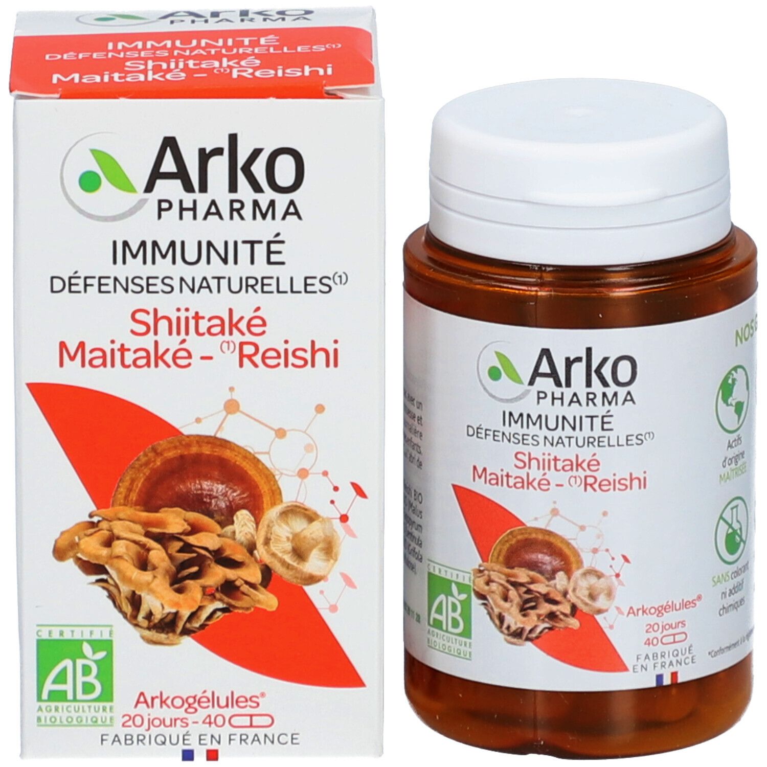 Conditionnement produit avec flacon et boîte. Boîte avec logo, nom du produit et illustration de champignons. AB bio.