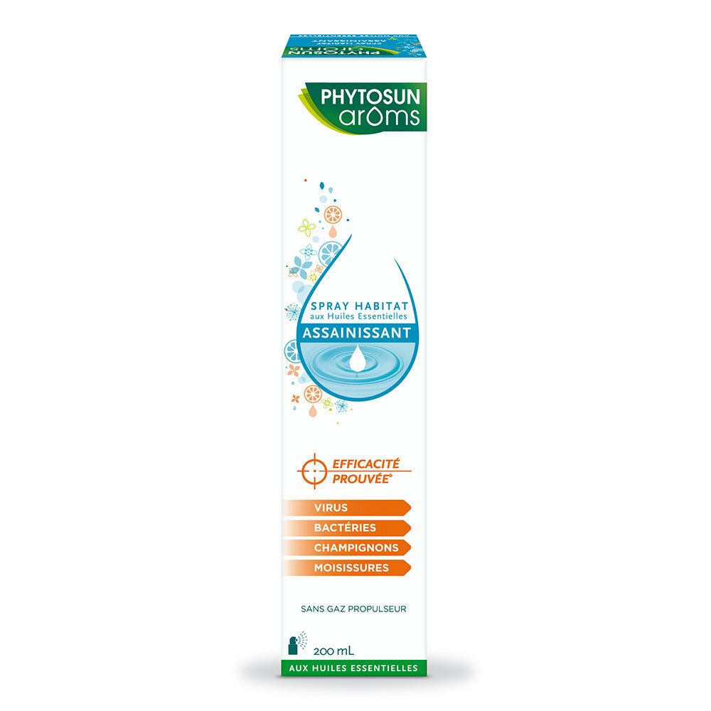Emballage. Inscription: Phytosun Arôms Spray Habitat Assainissant. Efficacité contre virus, bactéries, champignons, moisissures. 200ml.