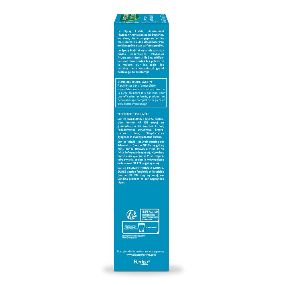 Emballage. Verso avec texte. Contient des informations d'utilisation et des ingrédients. Avertissements de sécurité et symbole de recyclage.