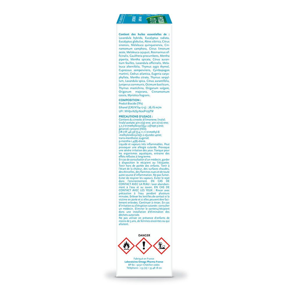 Emballage. Verso avec texte. Contient des informations d'utilisation et des ingrédients. Avertissements de sécurité et symbole de recyclage.