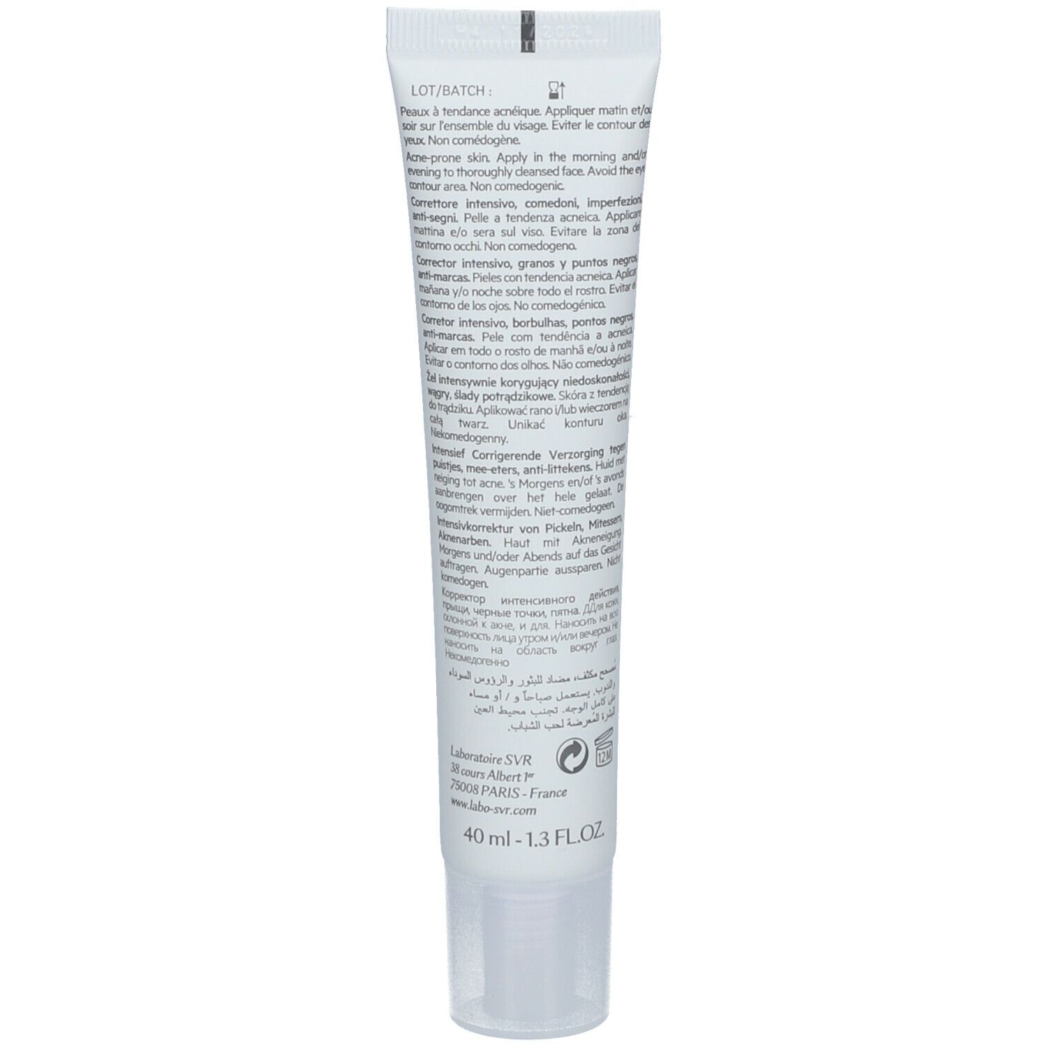 Dos du tube. Texte multilingue. 40 ml - 1.3 FL.OZ. Ingrédients et instructions.