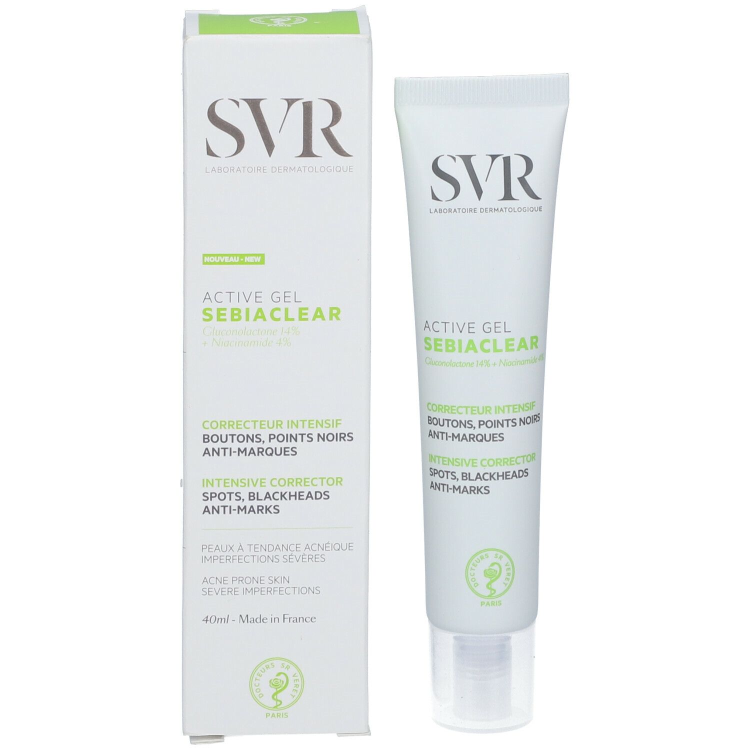 Emballage du produit. Tube et boîte. Logo SVR, nom du produit et accents verts.