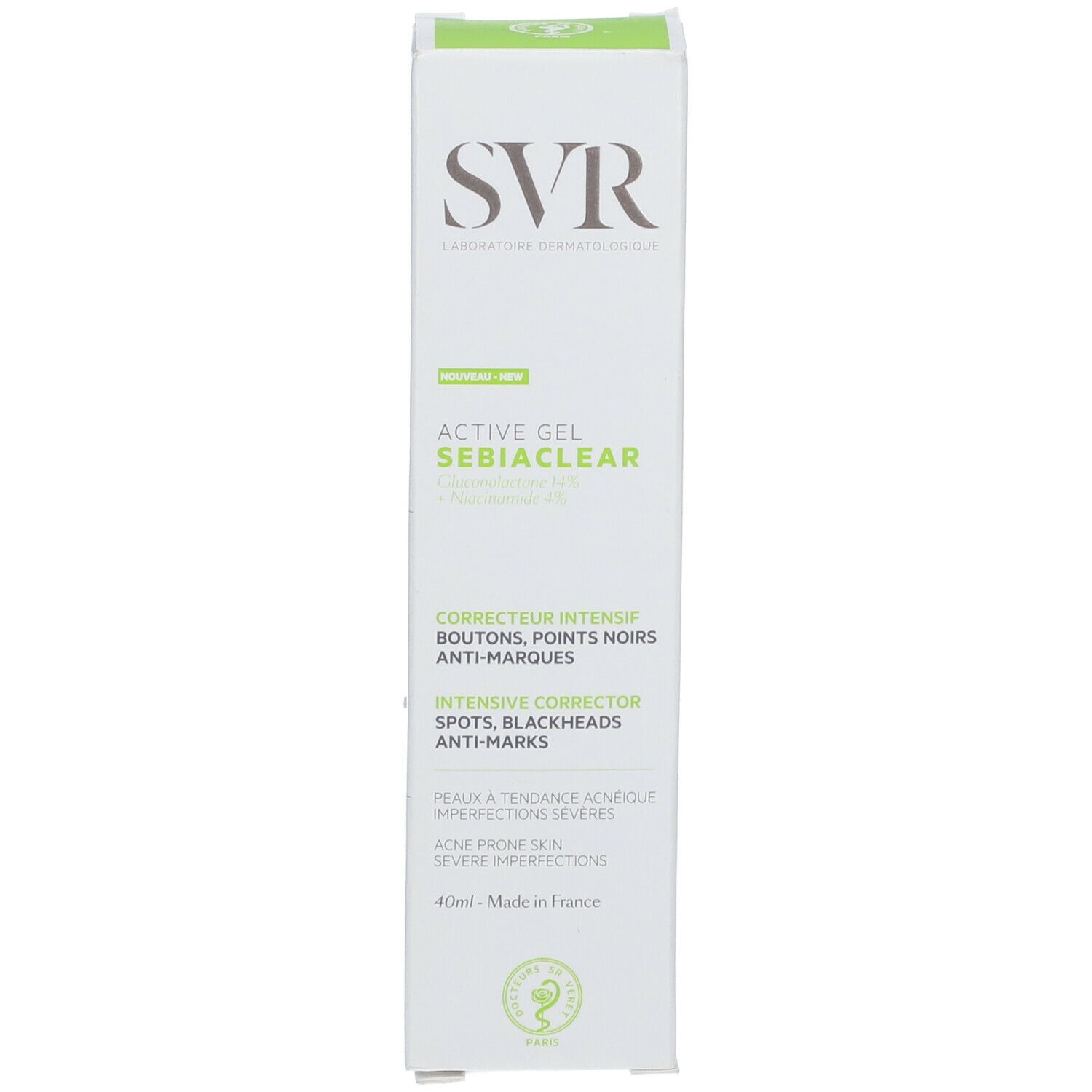 Boîte blanche avec logo SVR et nom du produit. Texte vert.