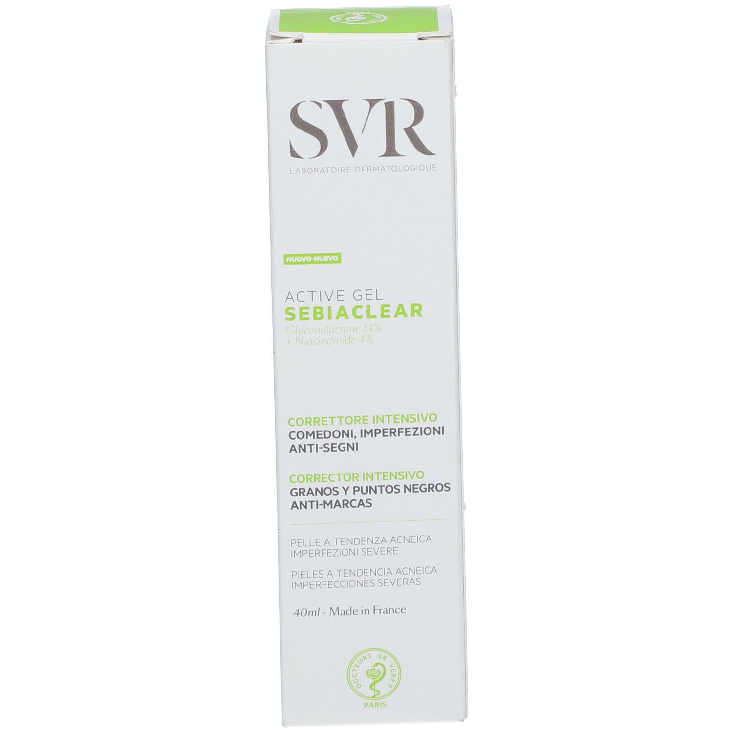 Boîte blanche avec logo SVR et nom du produit. Texte vert.