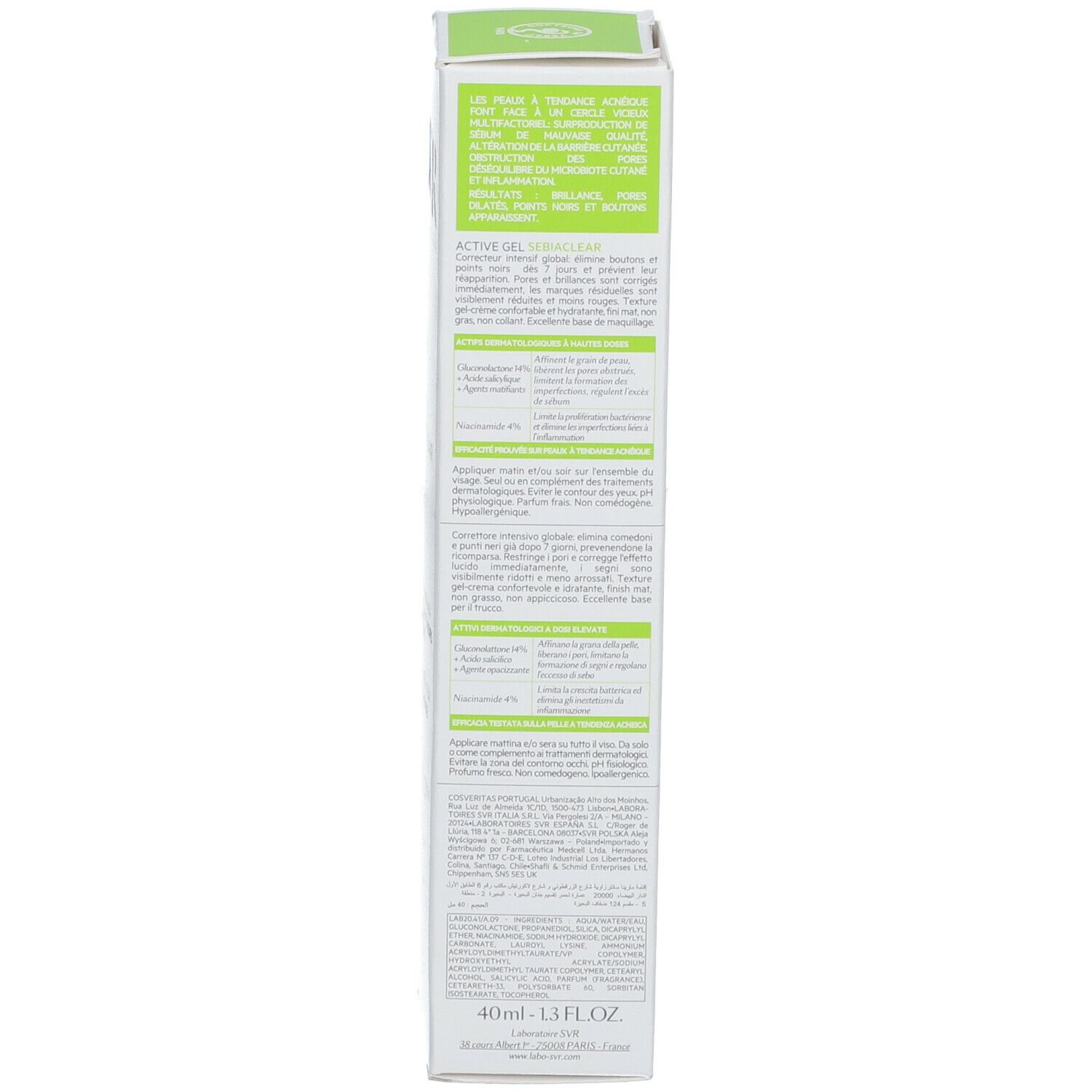 Dos de la boîte. Texte multilingue. Ingrédients et mode d'emploi.