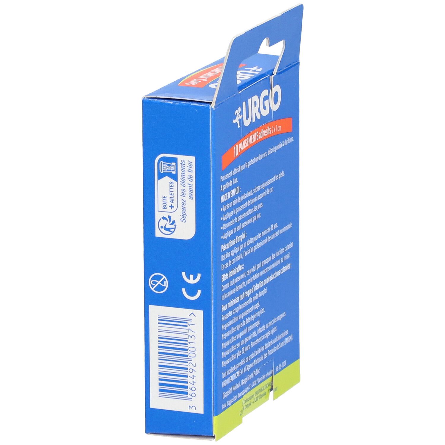 Boîte bleue, vue latérale. Texte: 10 pansements, symbole de recyclage, marquage CE et code-barres.