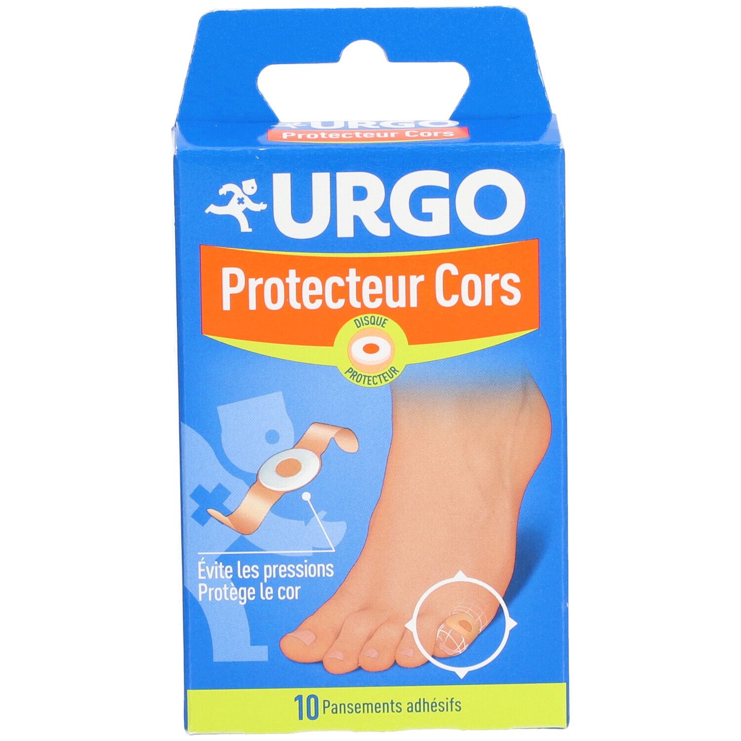 Boîte bleue URGO. Affiche un pied avec un cor et un pansement. Texte: Protecteur Cors, 10 pansements.