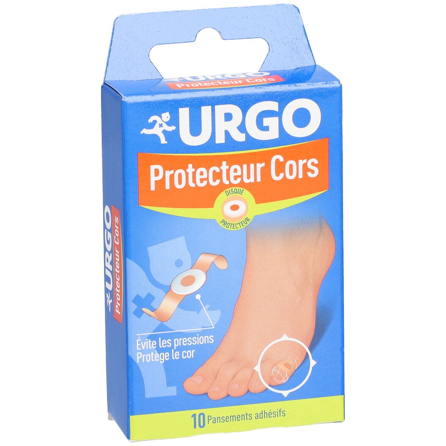 Boîte bleue URGO. Affiche un pied avec un cor et un pansement. Texte: Protecteur Cors, 10 pansements.