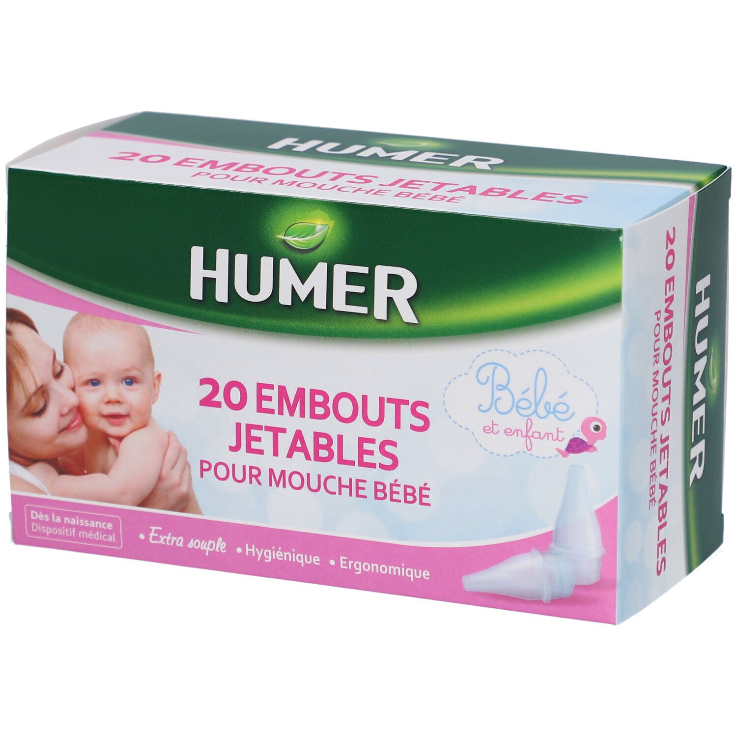Verpackung mit HUMER Einwegspitzen. 20 Stück. Aufdruck: Für Baby-Nasensauger. Abbildung: Mutter und Baby.