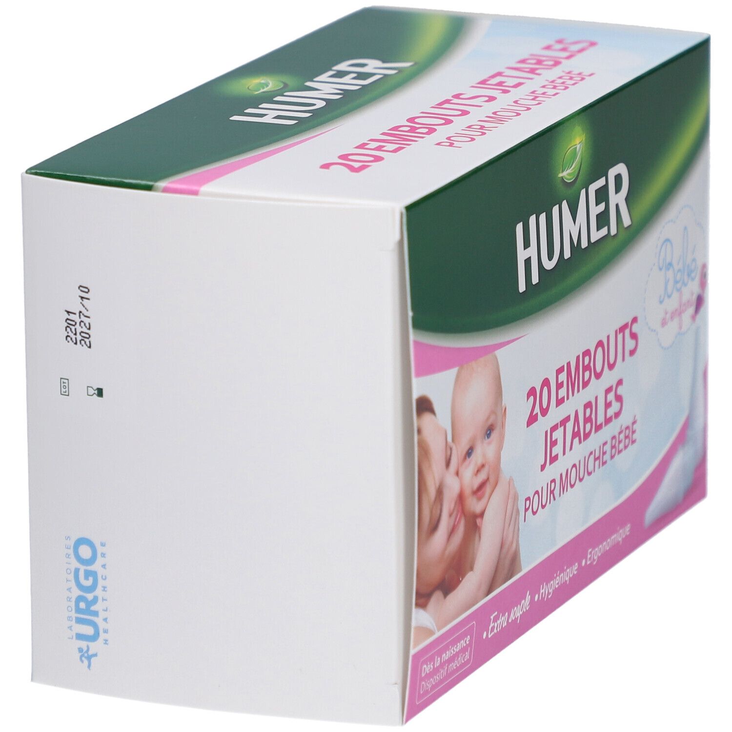 Verpackung HUMER Einwegspitzen. 20 Stück. Aufdruck: Für Baby-Nasensauger. Marke URGO.