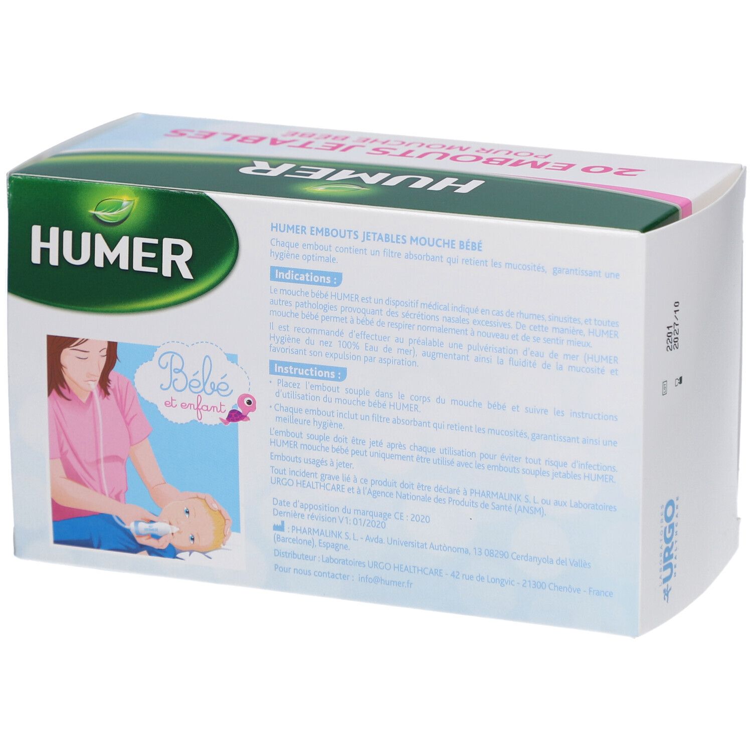 Verpackung HUMER Einwegspitzen. 20 Stück. Aufdruck: Für Baby-Nasensauger. Text und Illustrationen.