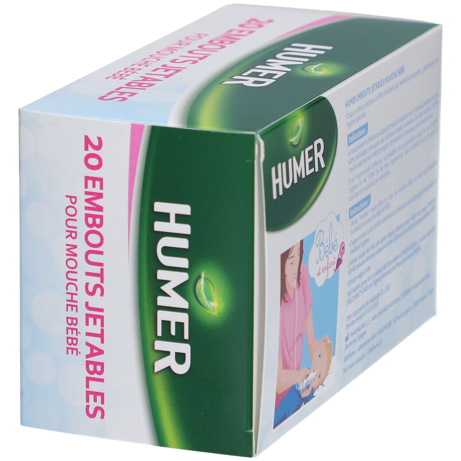 Verpackung HUMER Einwegspitzen. 20 Stück. Aufdruck: Für Baby-Nasensauger. Text und Illustrationen.