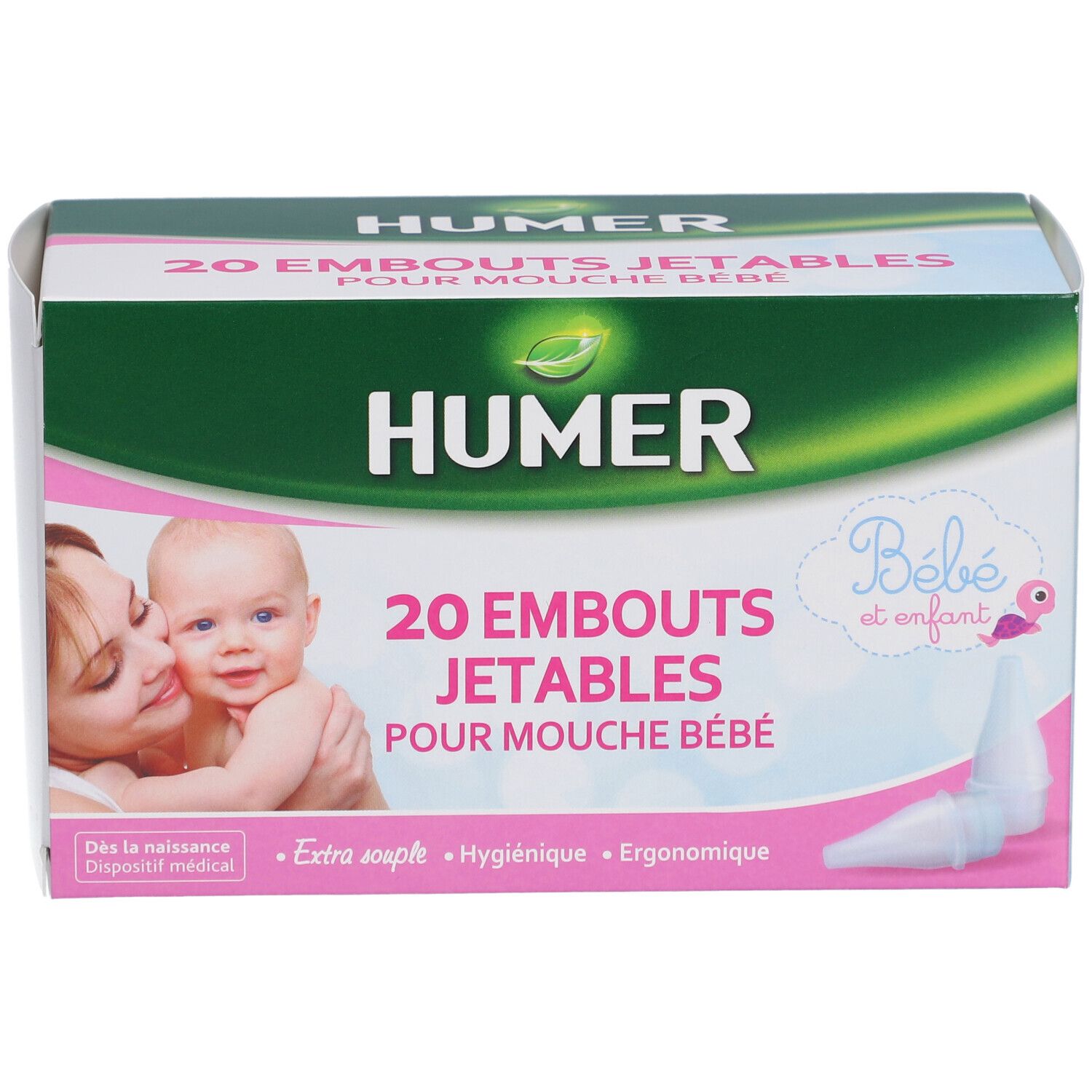 Verpackung HUMER Einwegspitzen. 20 Stück. Aufdruck: Für Baby-Nasensauger. Abbildung: Mutter und Baby.