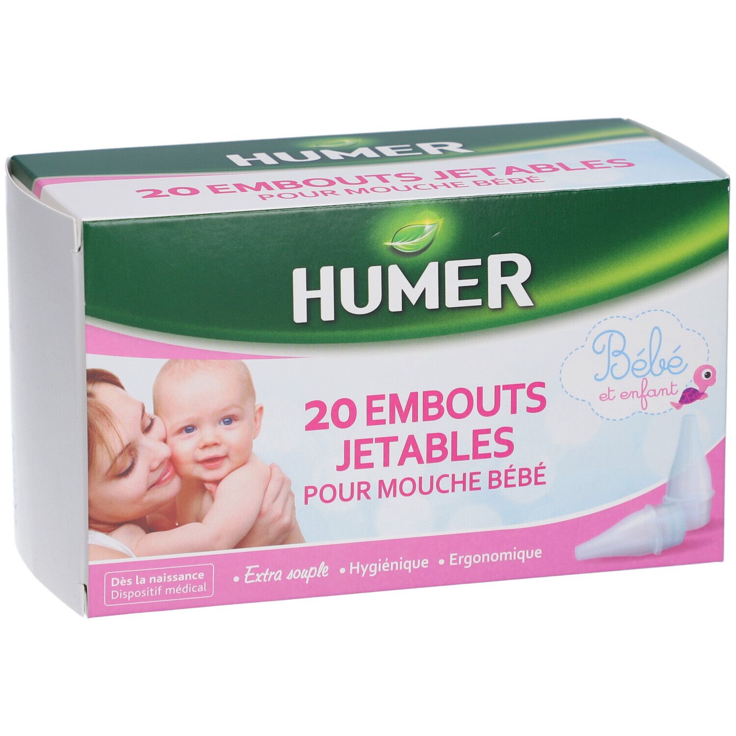 Verpackung HUMER Einwegspitzen. 20 Stück. Aufdruck: Für Baby-Nasensauger. Abbildung: Mutter und Baby.