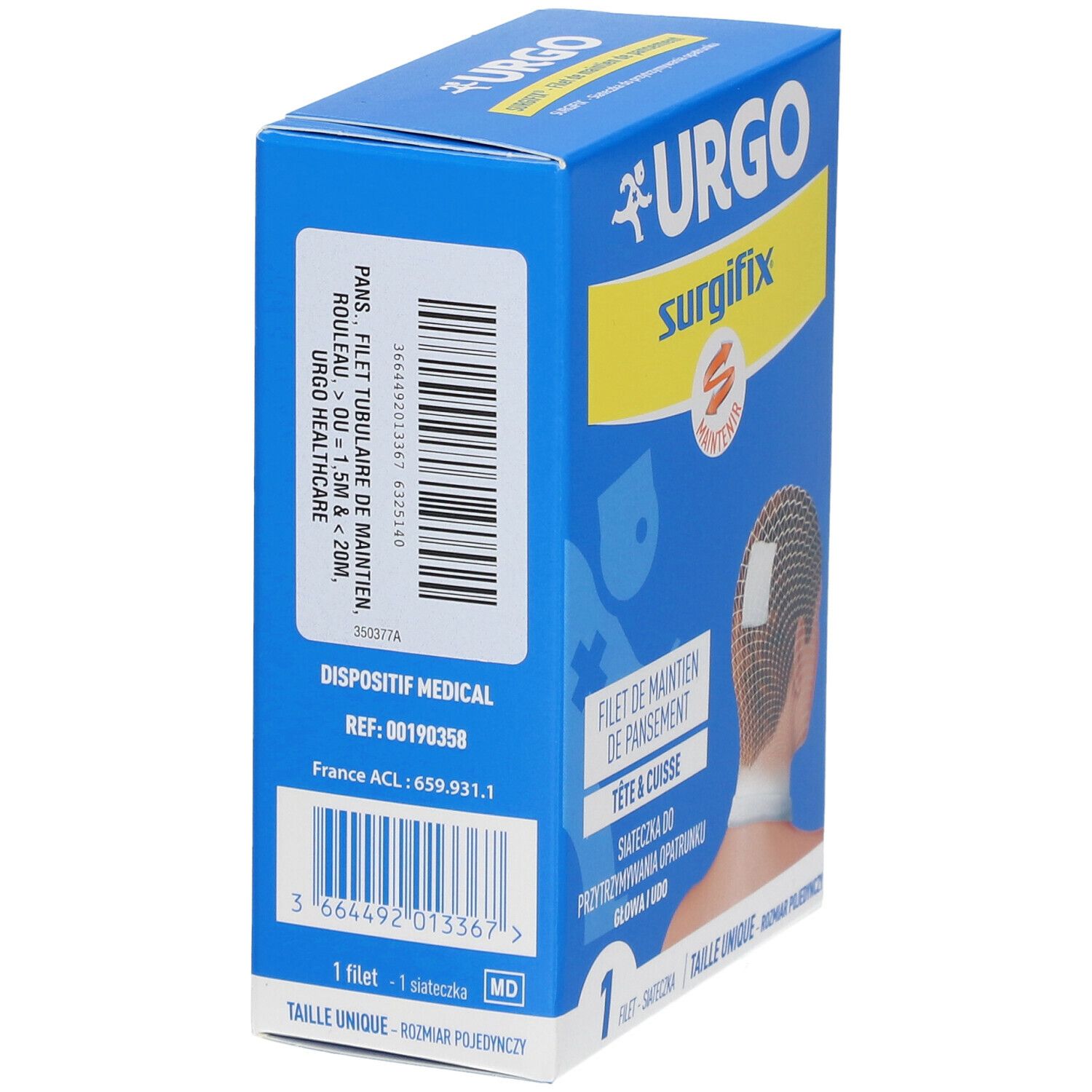 Boîte bleue. Urgo Surgifix, Filet de maintien de pansement, Tête & Cuisse. Code-barres et informations médicales. Taille unique.