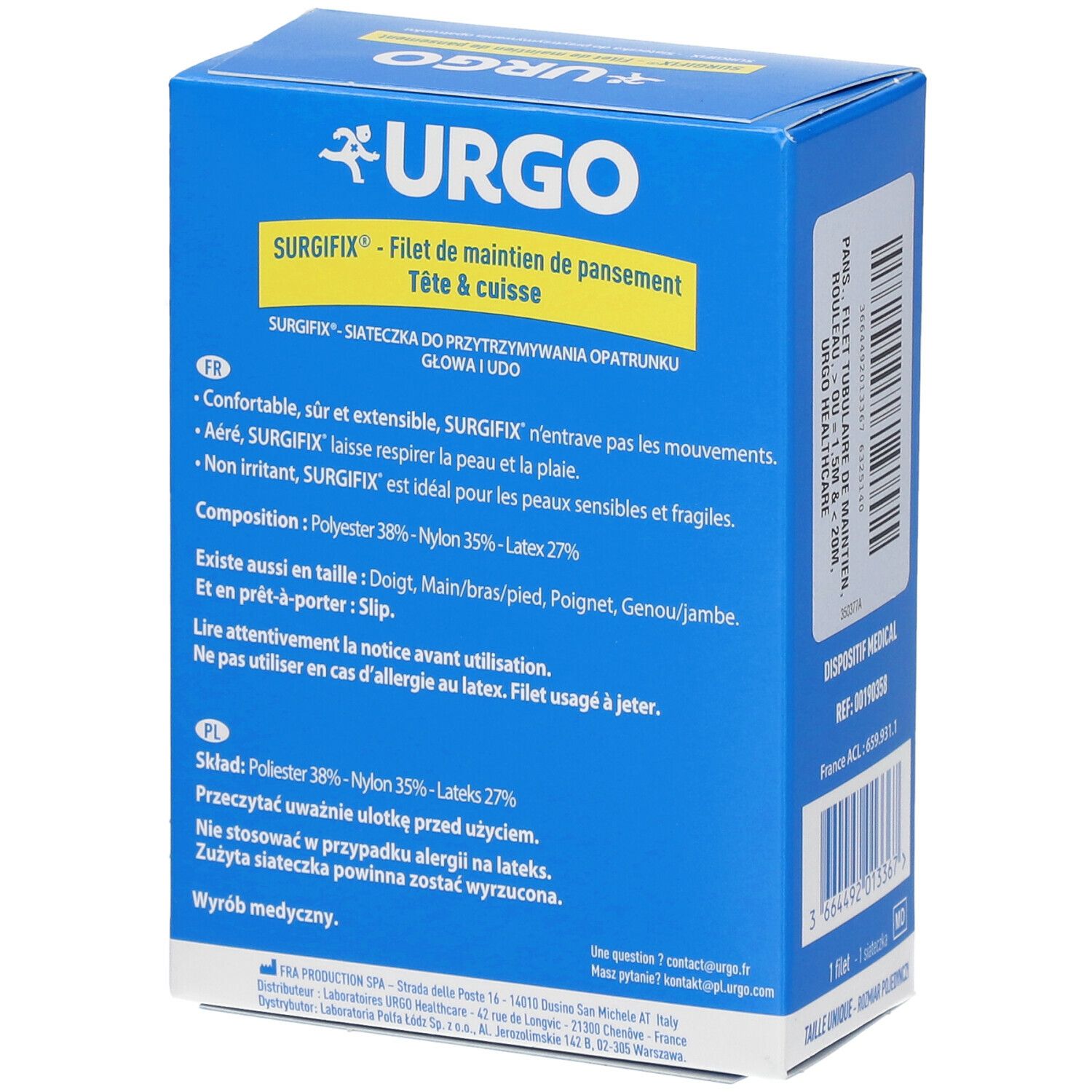 Boîte bleue. Urgo Surgifix, Filet de maintien de pansement, Tête & Cuisse. Informations produit en français et polonais.