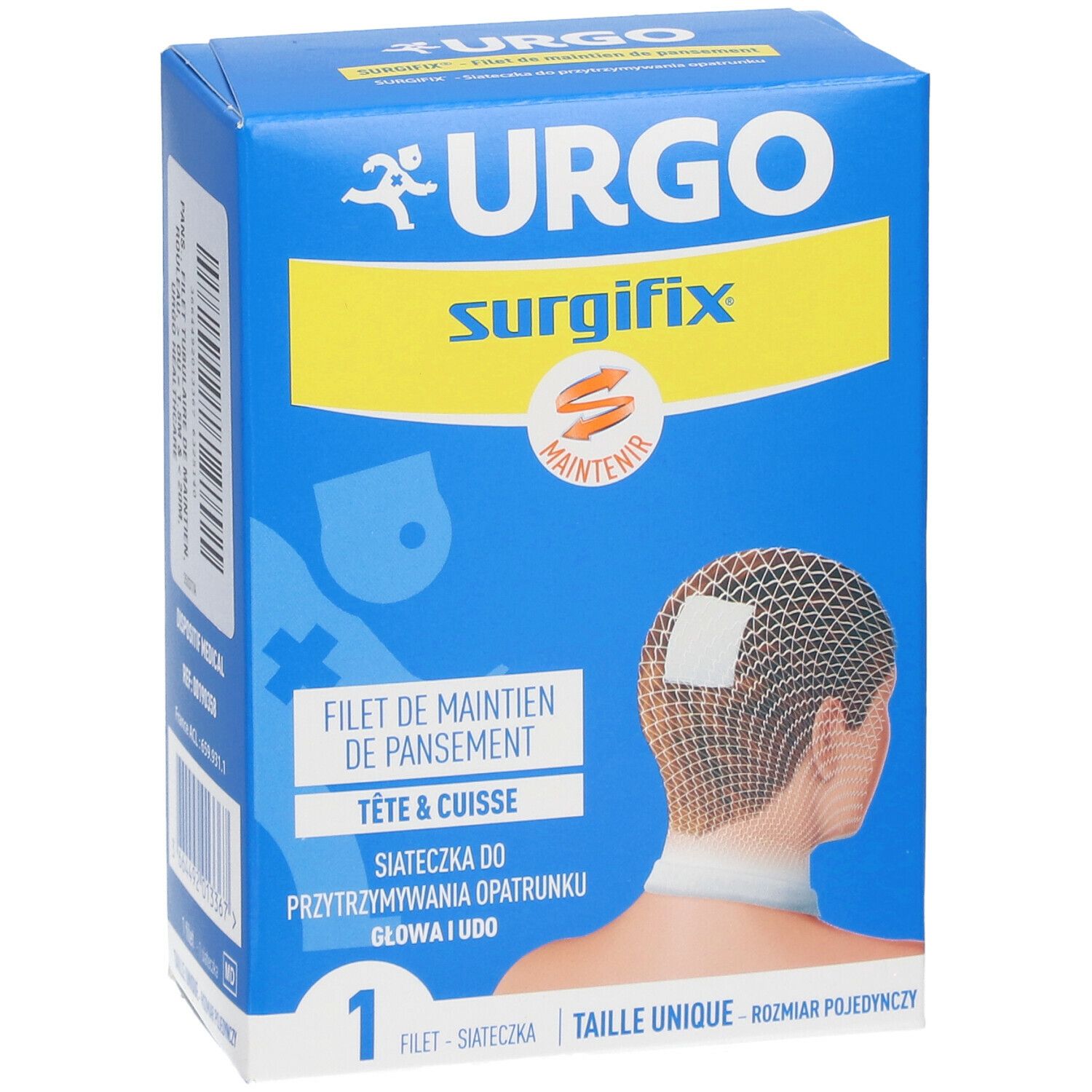 Boîte bleue et jaune. Urgo Surgifix, Filet de maintien de pansement, Tête & Cuisse. Taille unique. Illustration de bandage en filet.