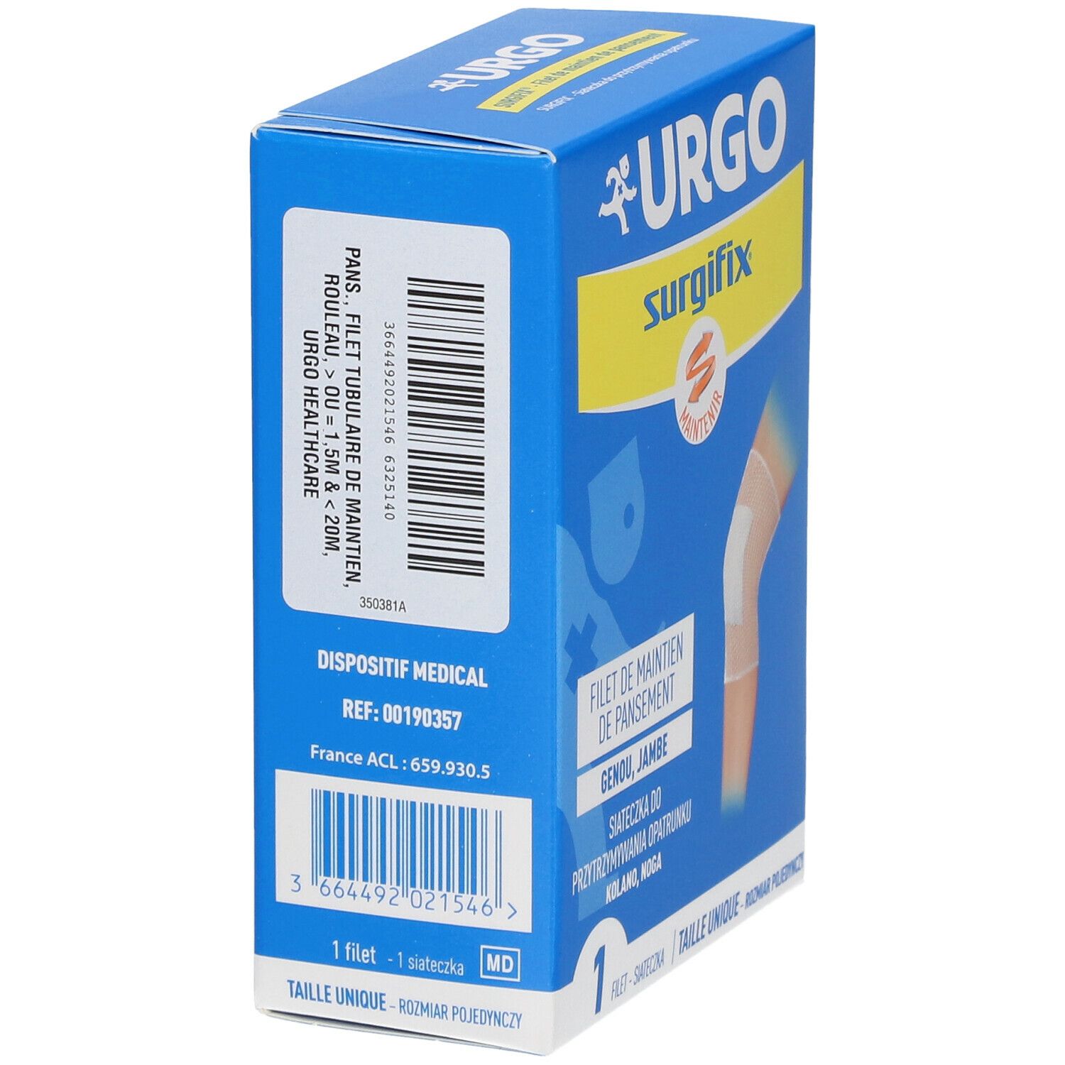 Boîte bleue URGO Surgifix, vue arrière. Informations produit et code-barres. Texte: Filet tubulaire de maintien.