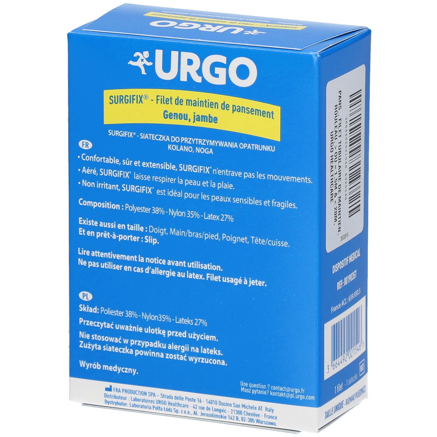 Boîte bleue URGO Surgifix, dos. Informations produit. Texte: Filet de maintien de pansement, Genou, Jambe. Composition.