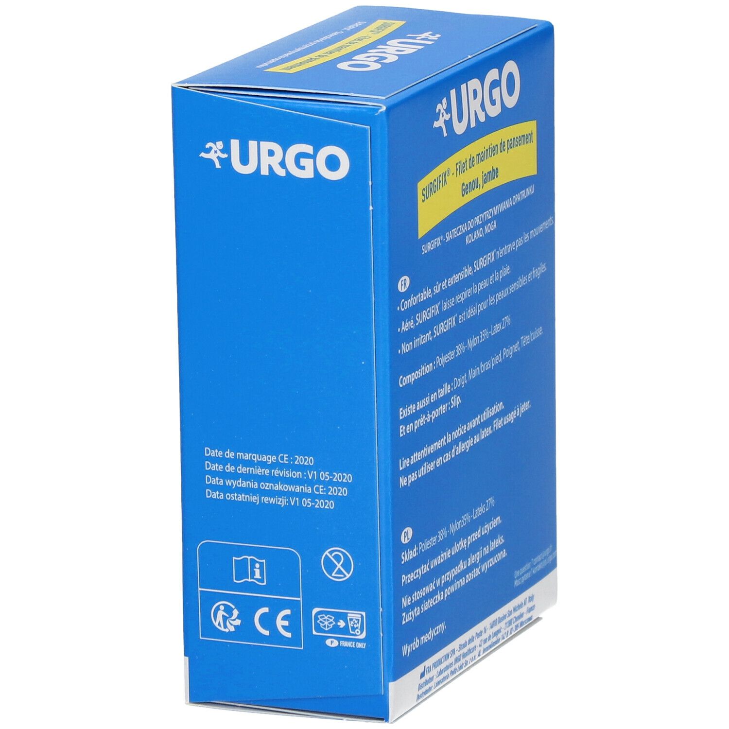 Boîte bleue URGO Surgifix, dos. Informations produit. Texte: Filet de maintien de pansement, Genou, Jambe. Marquage CE.