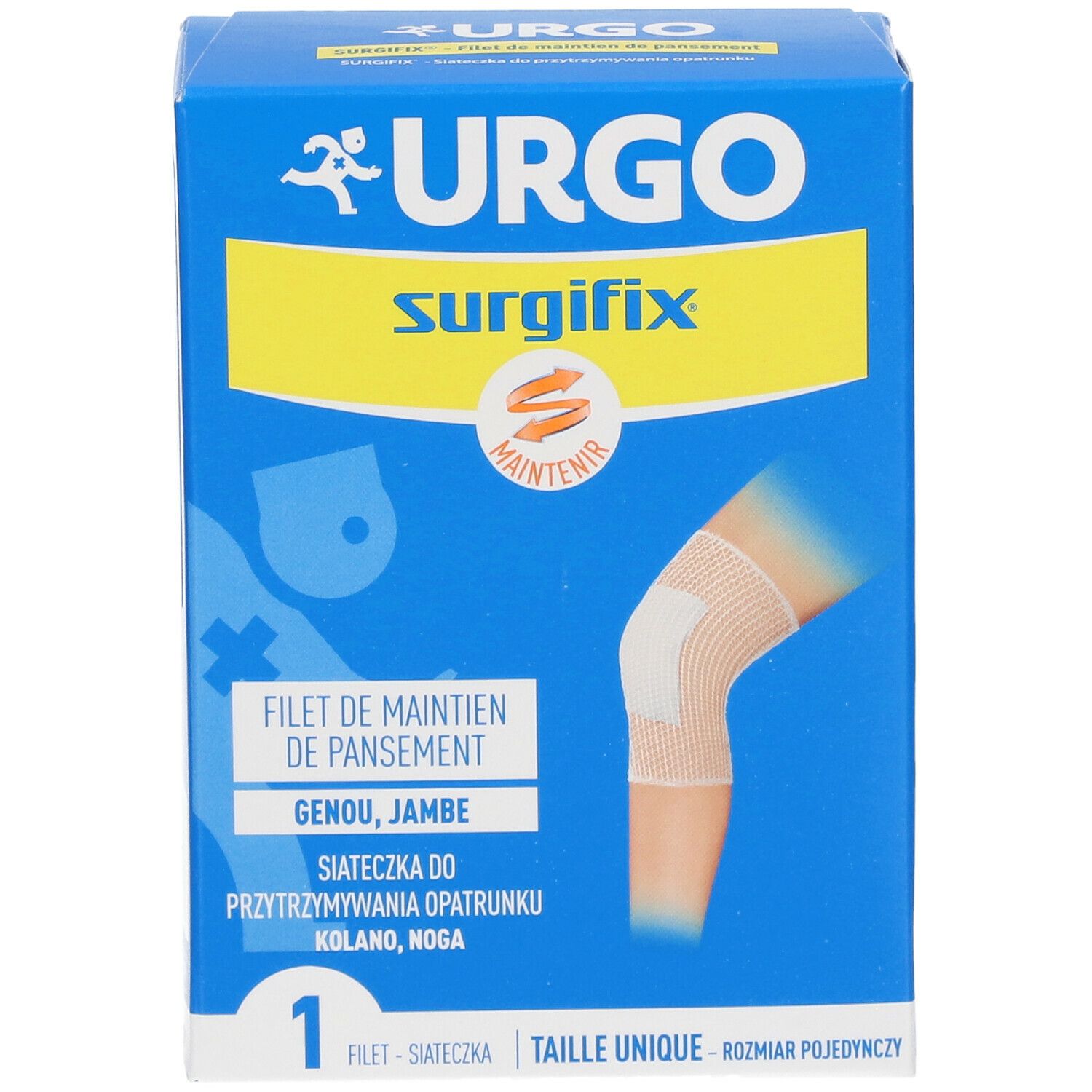 Boîte bleue URGO Surgifix. Illustration d'un genou bandé. Texte: Filet de maintien de pansement, Genou, Jambe. 1 pièce.