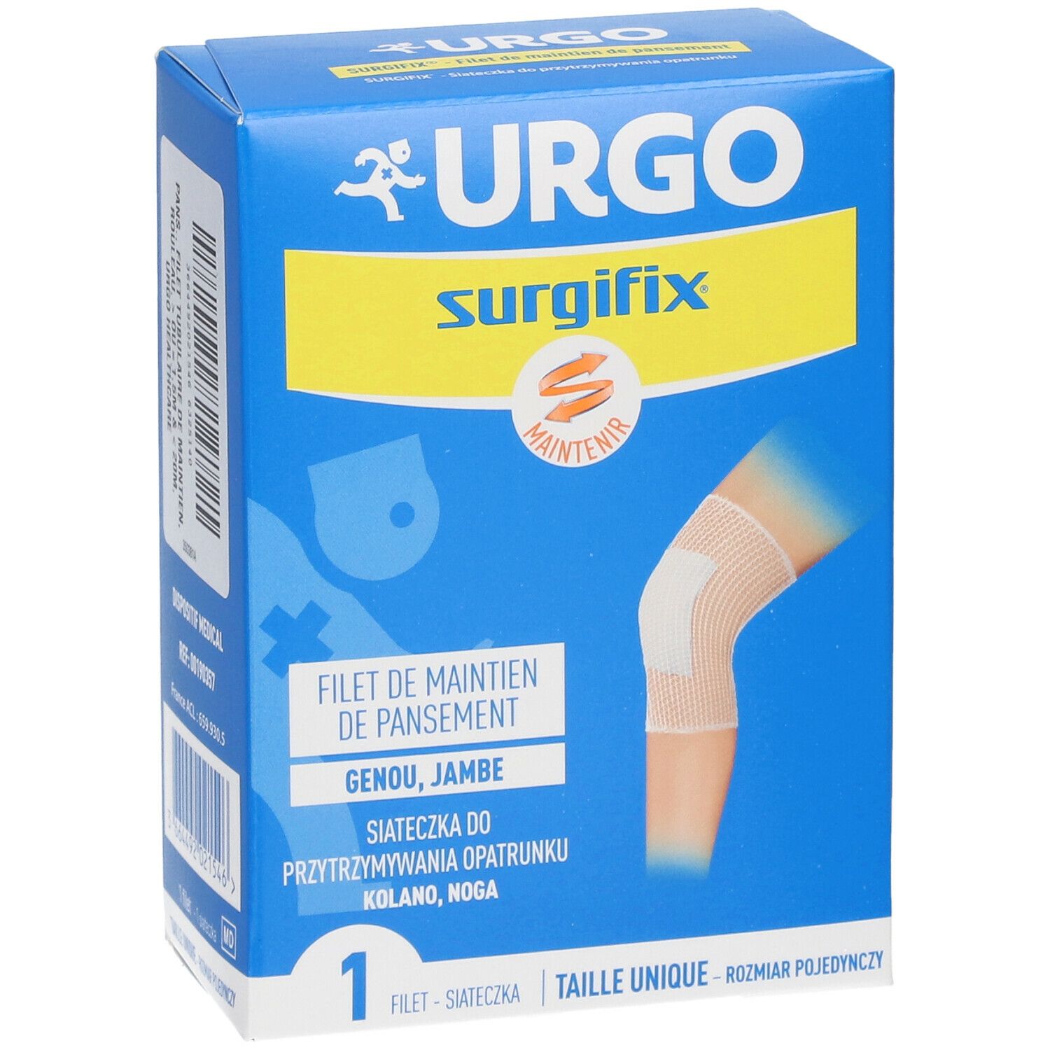 Boîte bleue URGO Surgifix. Illustration d'un genou bandé. Texte: Filet de maintien de pansement, Genou, Jambe. 1 pièce.