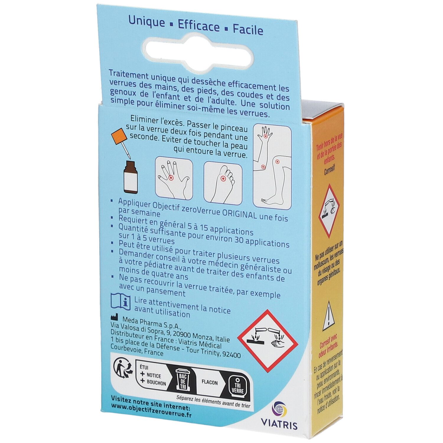 Dos de la boîte Objectif ZéroVerrue® Original. Informations textuelles, instructions d'utilisation, pictogrammes et marquage CE.