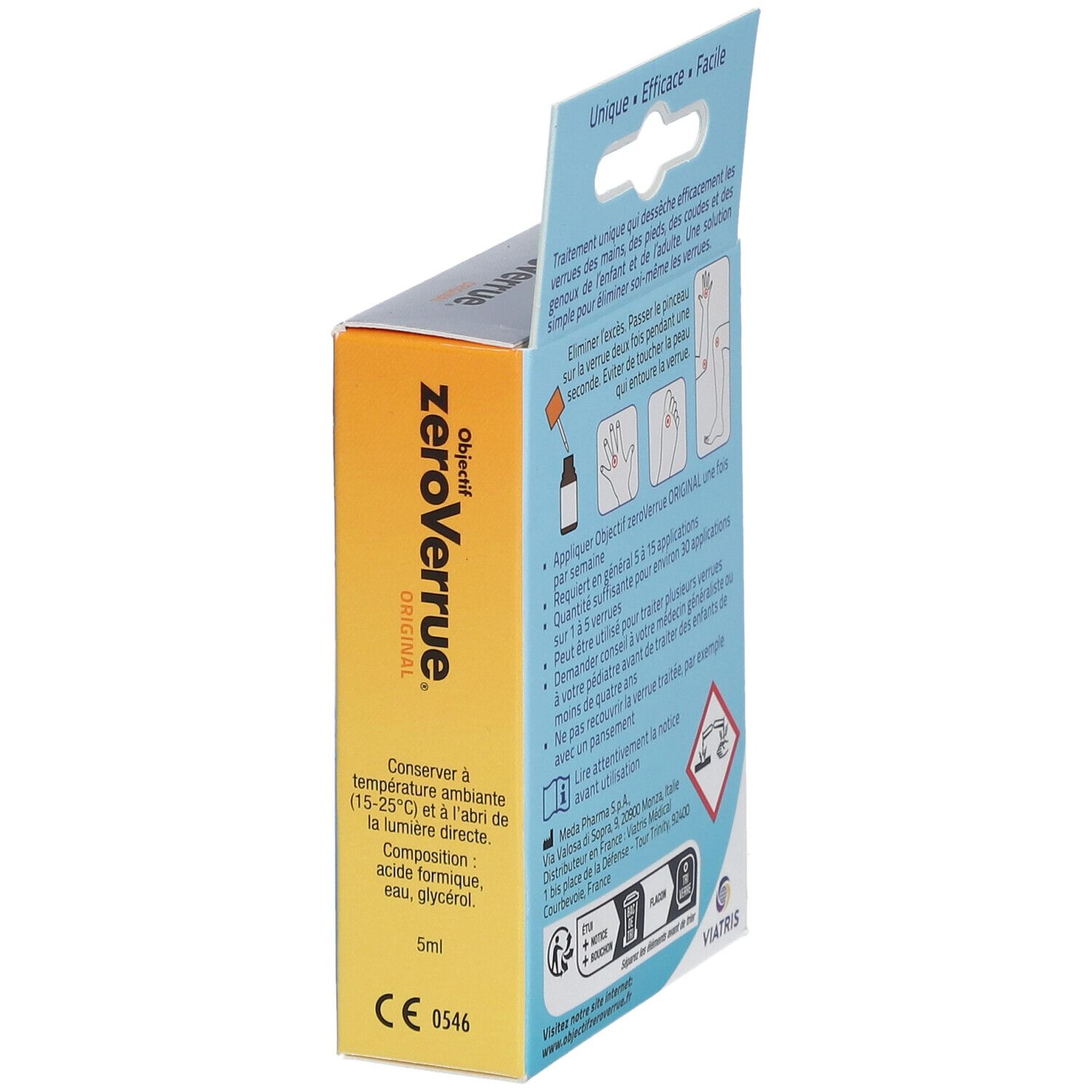 Vue latérale de la boîte Objectif ZéroVerrue® Original. Nom du produit, ingrédients, marquage CE et avertissements.