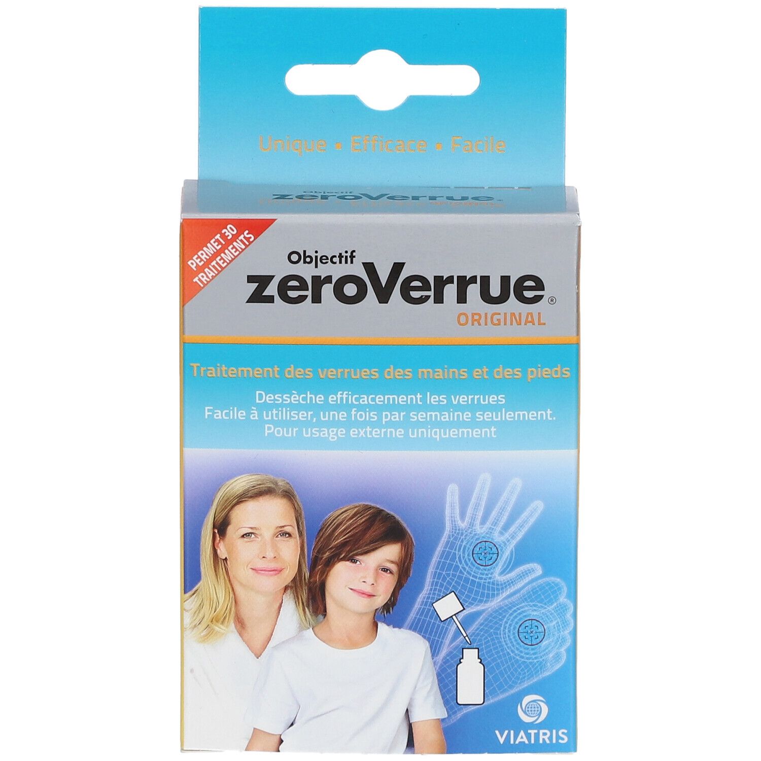 Face avant de la boîte Objectif ZéroVerrue® Original. Nom du produit, illustration mère et enfant, mains avec verrues.