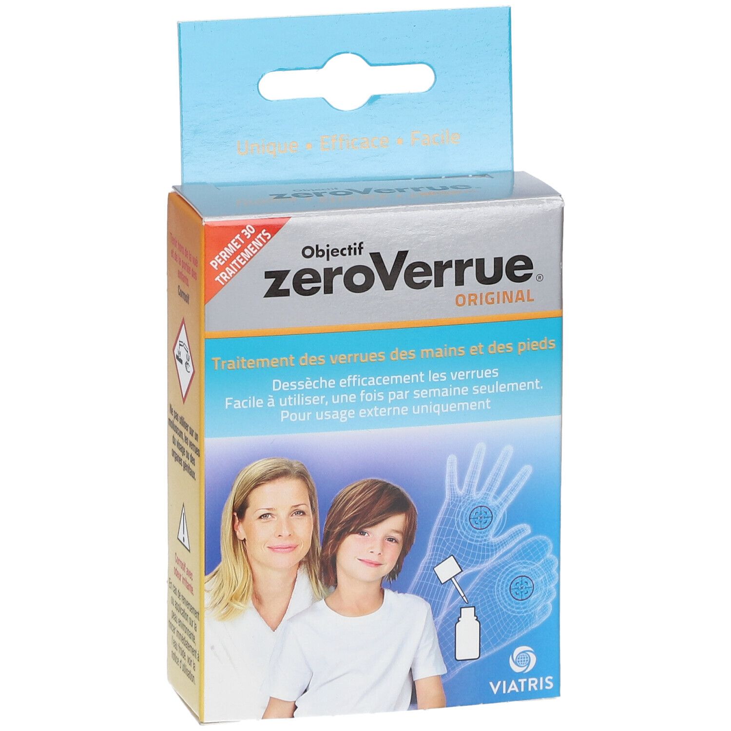 Face avant de la boîte Objectif ZéroVerrue® Original. Nom du produit, illustration mère et enfant, mains avec verrues.