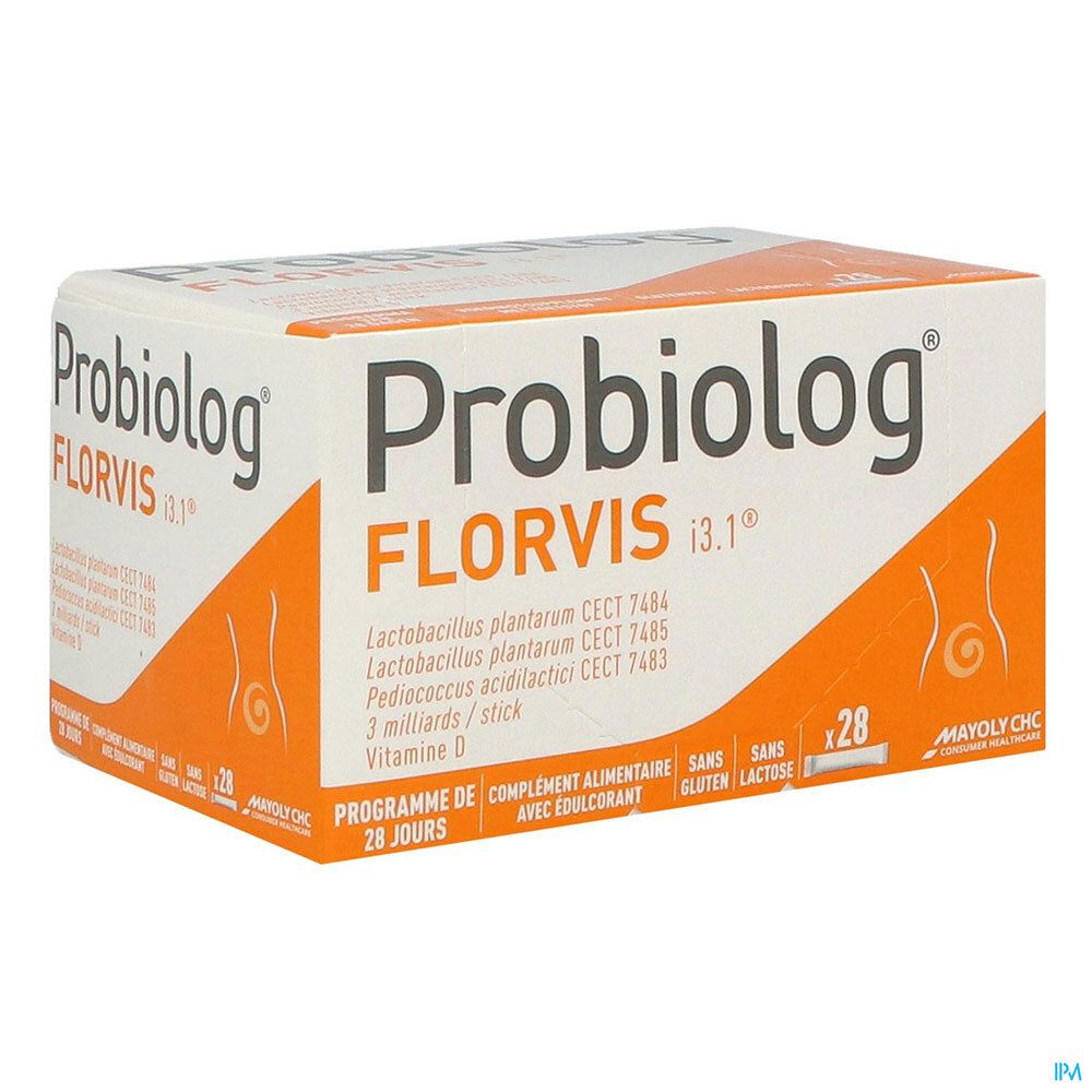 Boîte Probiolog Florvis i3.1. Contient 28 sachets. Avec vitamine D. Sans gluten, sans lactose. Avec édulcorant. MAYOLY CHC.