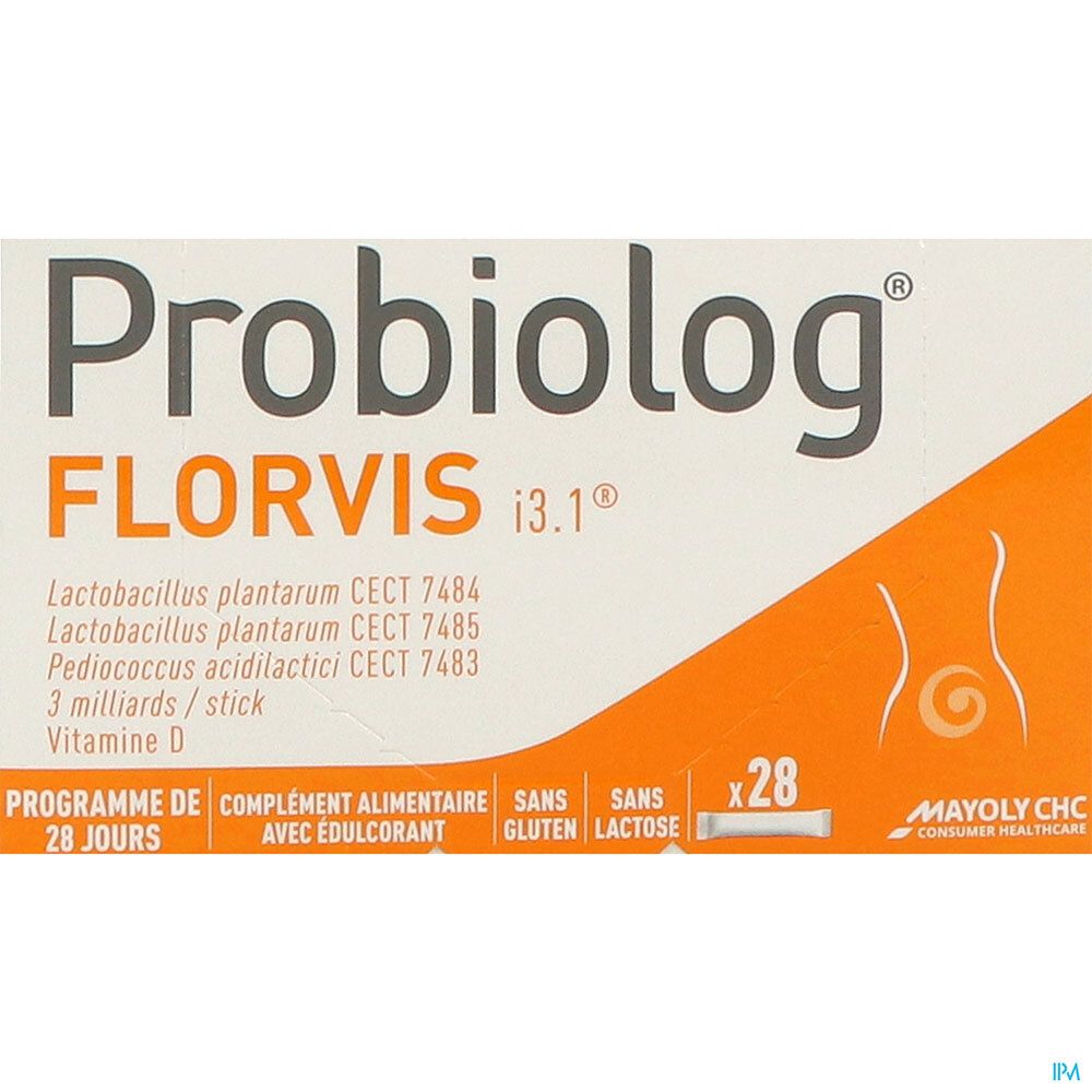 Boîte Probiolog Florvis i3.1. Contient 28 sachets. Avec vitamine D. Sans gluten, sans lactose. Avec édulcorant. MAYOLY CHC.