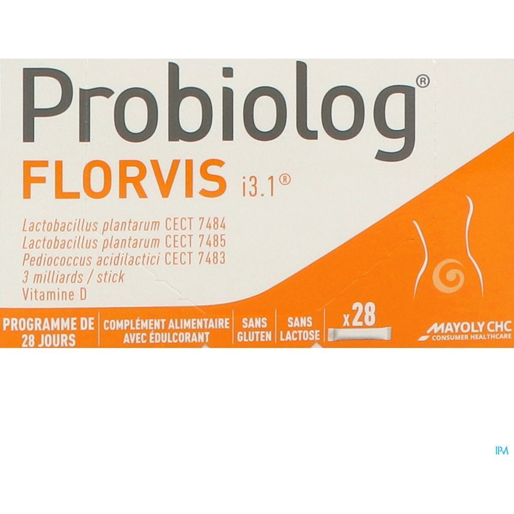 Boîte Probiolog Florvis i3.1. Contient 28 sachets. Avec vitamine D. Sans gluten, sans lactose. Avec édulcorant. MAYOLY CHC.